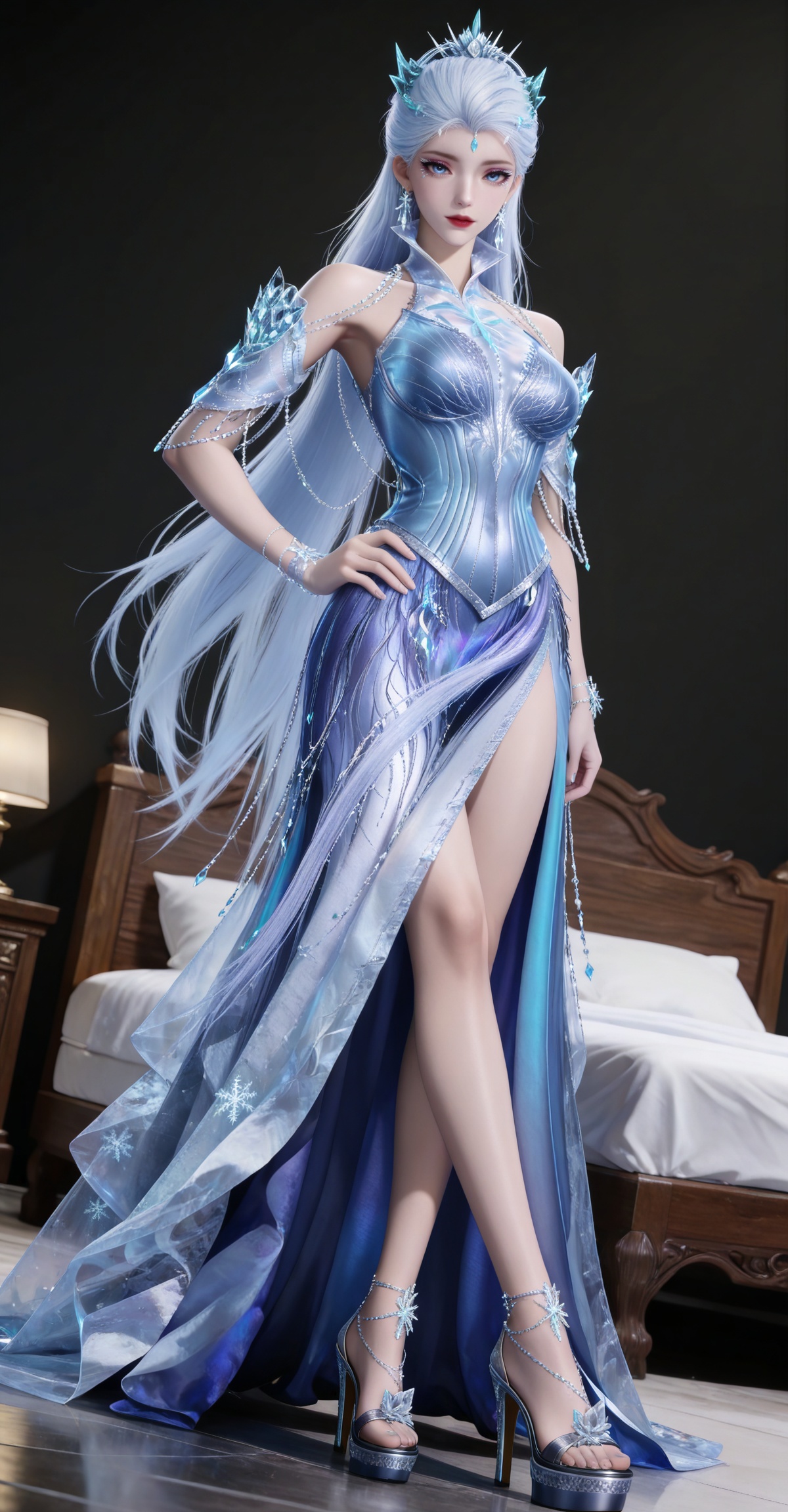 masterpiece,high quality,tall,game cg,highres,(white_skin:0.6),(shiny_skin:0.6),(realistic:1.1),looking_at_viewer,lvjing,black_background,simple background,,white hair,long hair,blue eyes,very long hair,red lips,forehead_jewel,earrings,makeup,eyelashes,eyeshadow,gem,blue gemstone,hair_ornament,snowflake hair ornament,tiara,bare shoulders,blue dress,detached_sleeves,short_sleeves,high_heels,(full body:1.1),legs,long legs,(hand on hip:1.2),bed,(dynamic_angle:1.1),(dutch angle:1.1),crossed_legs,standing,