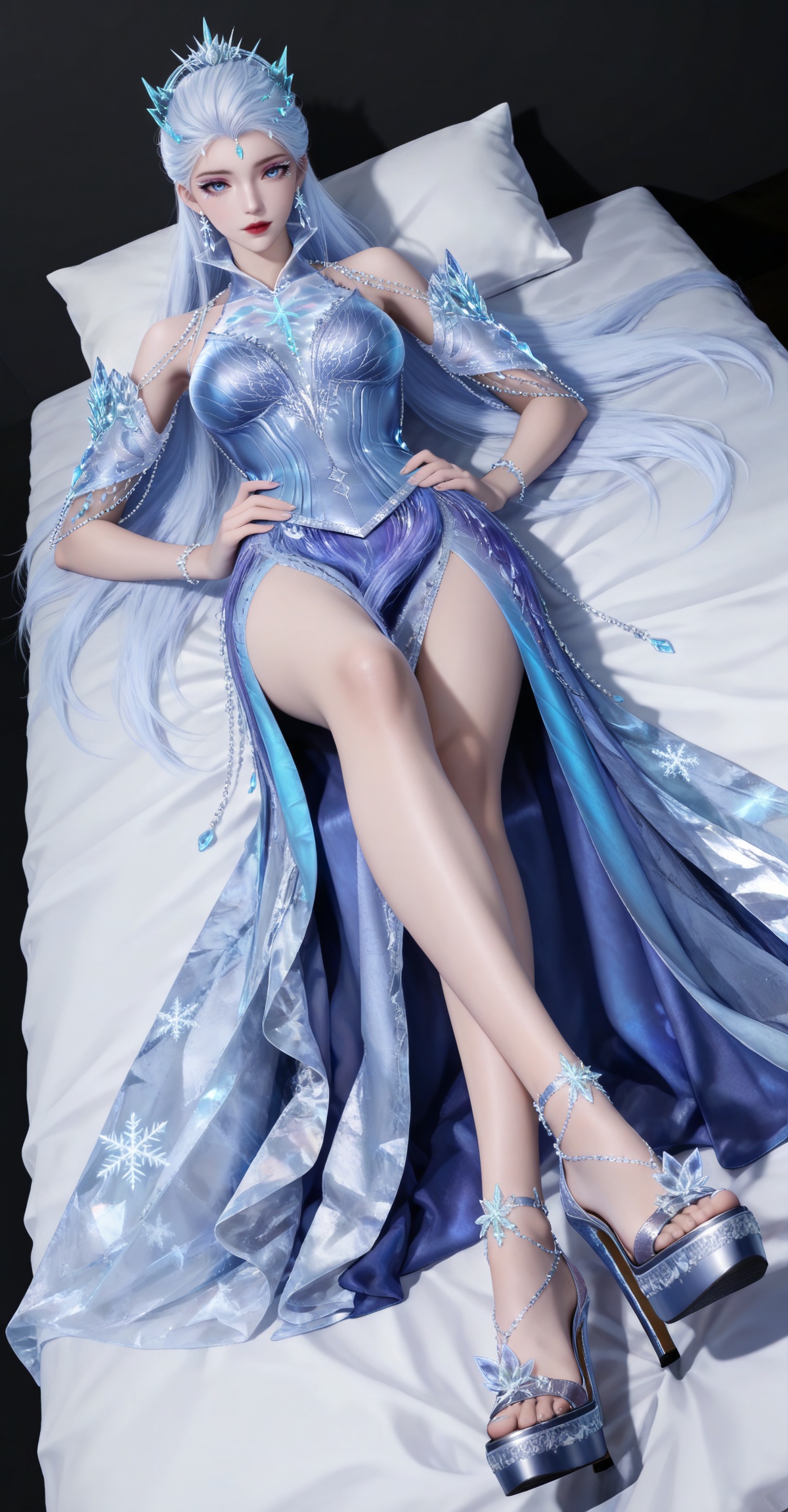 masterpiece,high quality,tall,game cg,highres,(white_skin:0.6),(shiny_skin:0.6),(realistic:1.1),looking_at_viewer,lvjing,black_background,simple background,,white hair,long hair,blue eyes,very long hair,red lips,forehead_jewel,earrings,makeup,eyelashes,eyeshadow,gem,blue gemstone,hair_ornament,snowflake hair ornament,tiara,bare shoulders,blue dress,detached_sleeves,short_sleeves,high_heels,(full body:1.1),legs,long legs,(hand on hip:1.2),bed,(dynamic_angle:1.1),(dutch angle:1.1),lying,on back,crossed_legs,
