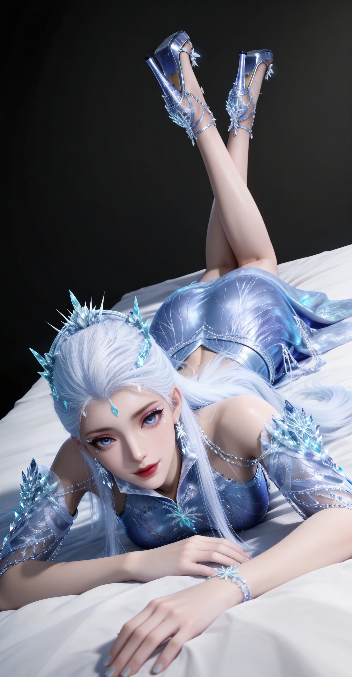 masterpiece,high quality,tall,game cg,highres,(white_skin:0.6),(shiny_skin:0.6),(realistic:1.1),looking_at_viewer,lvjing,black_background,simple background,,white hair,long hair,blue eyes,very long hair,red lips,forehead_jewel,earrings,makeup,eyelashes,eyeshadow,gem,blue gemstone,hair_ornament,snowflake hair ornament,tiara,bare shoulders,blue dress,detached_sleeves,short_sleeves,high_heels,(full body:1.1),legs,long legs,(hand on hip:1.2),bed,(dynamic_angle:1.1),(dutch angle:1.1),(on_stomach:1.1),(feet up:1.2),


