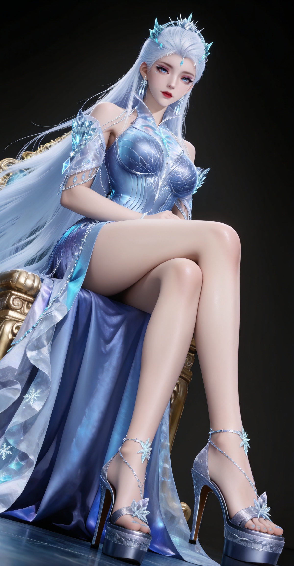 masterpiece,high quality,tall,game cg,highres,(white_skin:0.6),(shiny_skin:0.6),(realistic:1.1),looking_at_viewer,lvjing,black_background,simple background,,white hair,long hair,blue eyes,very long hair,red lips,forehead_jewel,earrings,makeup,eyelashes,eyeshadow,gem,blue gemstone,hair_ornament,snowflake hair ornament,tiara,bare shoulders,blue dress,detached_sleeves,short_sleeves,high_heels,(full body:1.1),legs,long legs,,(dynamic_angle:1.1),(dutch angle:1.1),crossed_legs,standing,(from_below:1.1),