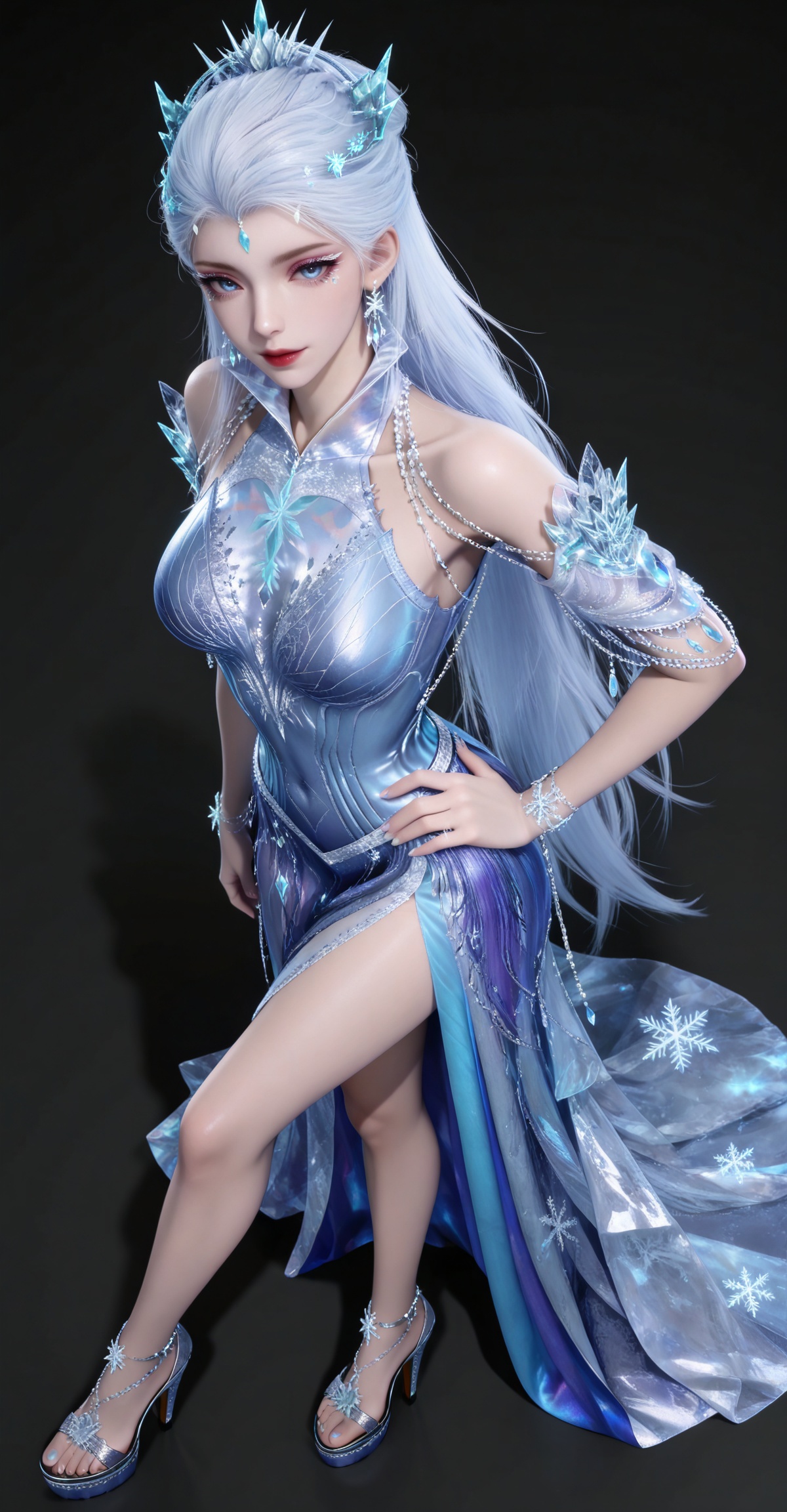 masterpiece,high quality,tall,game cg,highres,(white_skin:0.6),(shiny_skin:0.6),(realistic:1.1),looking_at_viewer,lvjing,black_background,simple background,,white hair,long hair,blue eyes,very long hair,red lips,forehead_jewel,earrings,makeup,eyelashes,eyeshadow,gem,blue gemstone,hair_ornament,snowflake hair ornament,tiara,bare shoulders,blue dress,detached_sleeves,short_sleeves,high_heels,(full body:1.1),legs,long legs,(hand on hip:1.2),(dynamic_angle:1.1),(dutch angle:1.1),crossed_legs,standing,(from_above:1.1),