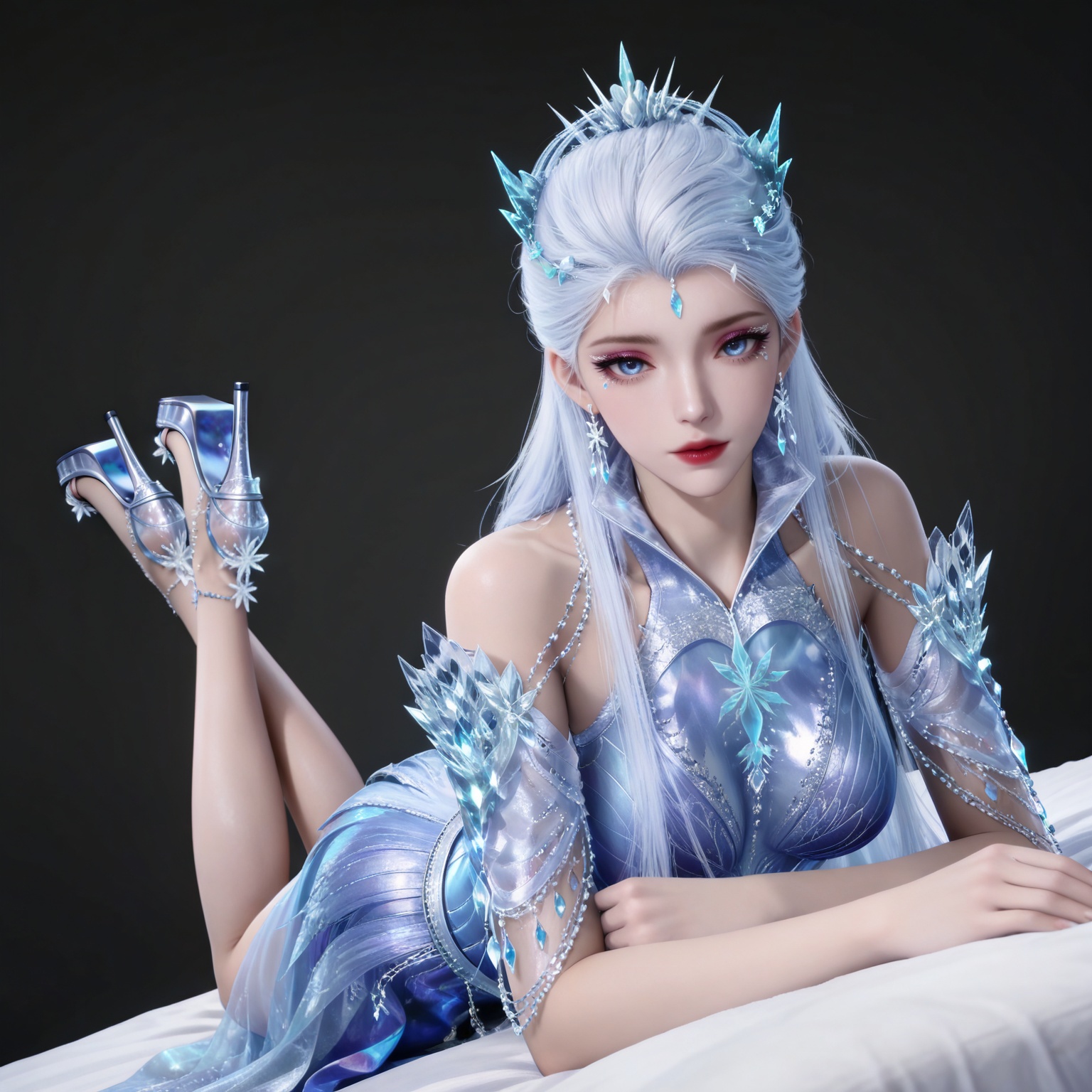 masterpiece,high quality,tall,game cg,highres,(white_skin:0.6),(shiny_skin:0.6),(realistic:1.1),looking_at_viewer,lvjing,black_background,simple background,,white hair,long hair,blue eyes,very long hair,red lips,forehead_jewel,earrings,makeup,eyelashes,eyeshadow,gem,blue gemstone,hair_ornament,snowflake hair ornament,tiara,bare shoulders,blue dress,detached_sleeves,short_sleeves,high_heels,(full body:1.1),legs,long legs,(hand on hip:1.2),bed,(dynamic_angle:1.1),(dutch angle:1.1),(on_stomach:1.1),(feet up:1.2),



