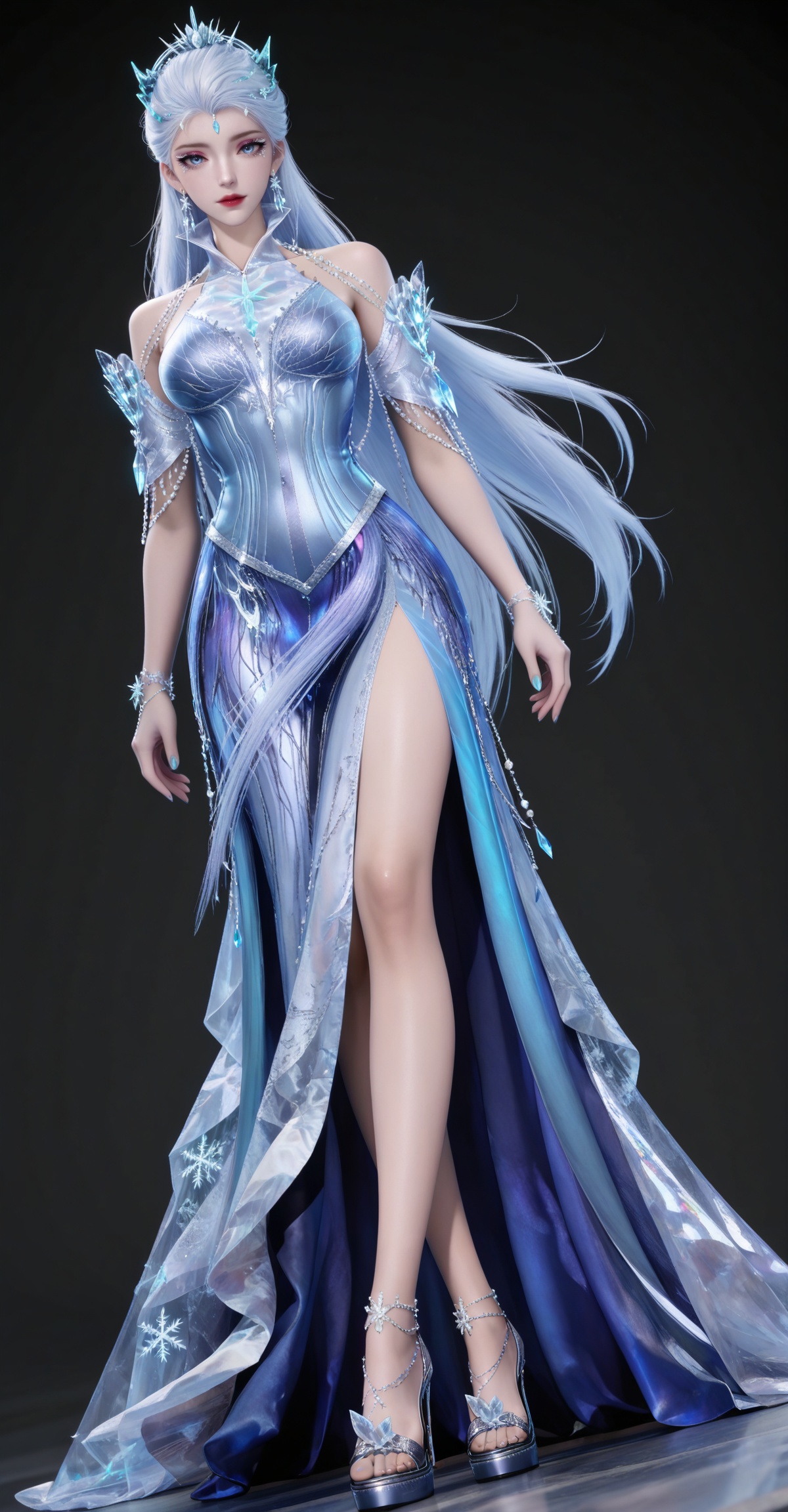 masterpiece,high quality,tall,game cg,highres,(white_skin:0.6),(shiny_skin:0.6),(realistic:1.1),looking_at_viewer,lvjing,black_background,simple background,,white hair,long hair,blue eyes,very long hair,red lips,forehead_jewel,earrings,makeup,eyelashes,eyeshadow,gem,blue gemstone,hair_ornament,snowflake hair ornament,tiara,bare shoulders,blue dress,detached_sleeves,short_sleeves,high_heels,(full body:1.1),legs,long legs,,(dynamic_angle:1.1),(dutch angle:1.1),crossed_legs,standing,(from_below:1.1),