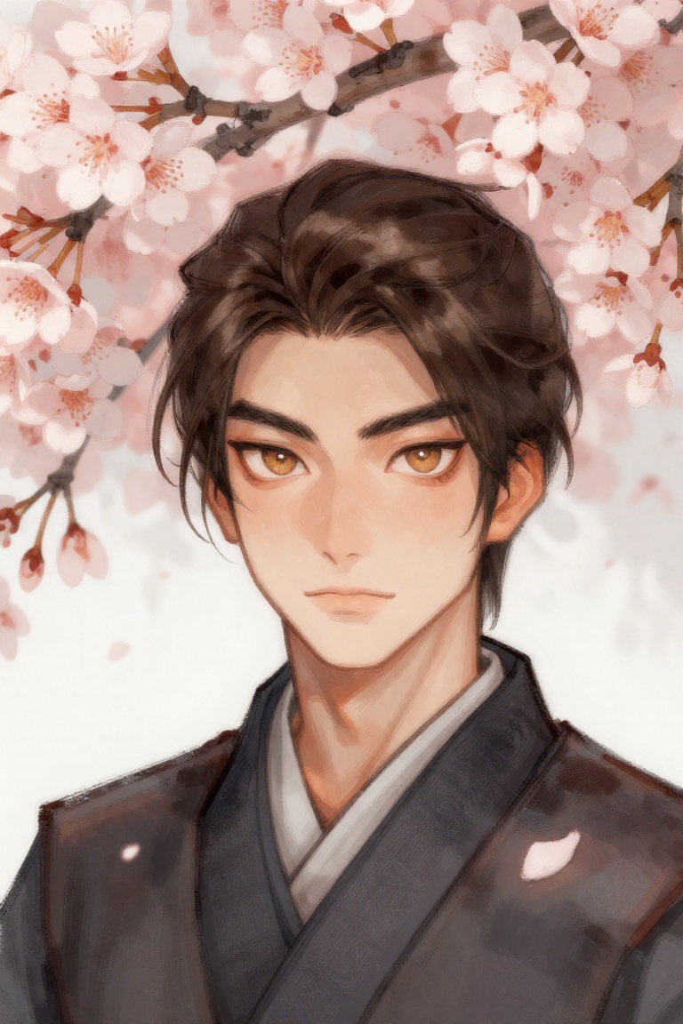 vibrant marker illustration,  a digital illustration of a samurai under cherry blossoms. He has brown hair and golden-brow...