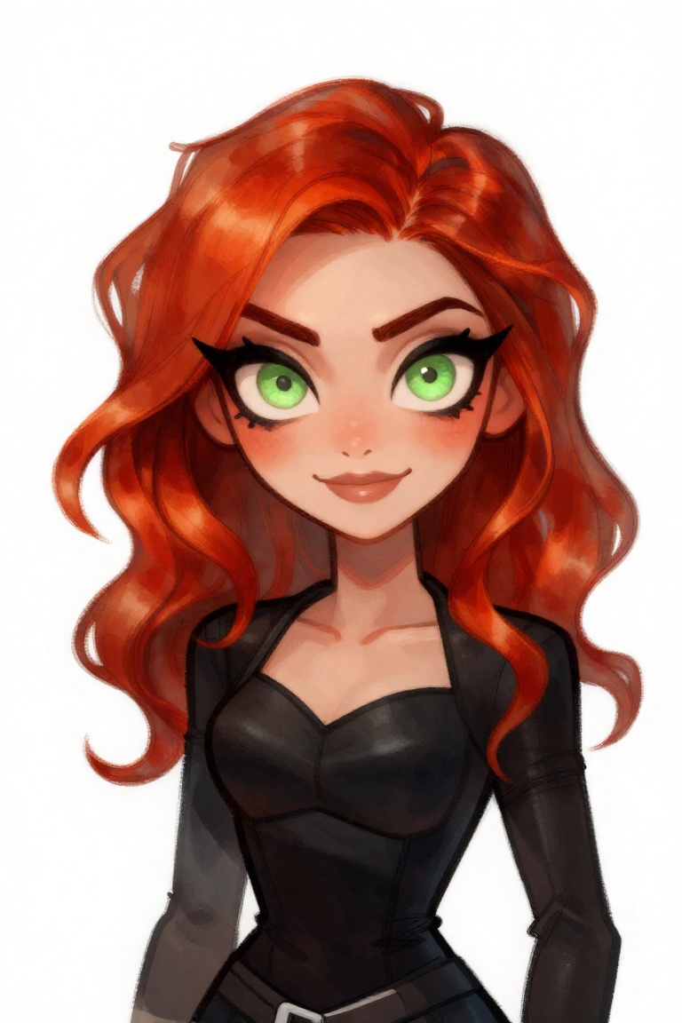 vibrant marker illustration,  a digital cartoon of a woman with fiery red hair and bright green eyes. She is wearing a sle...