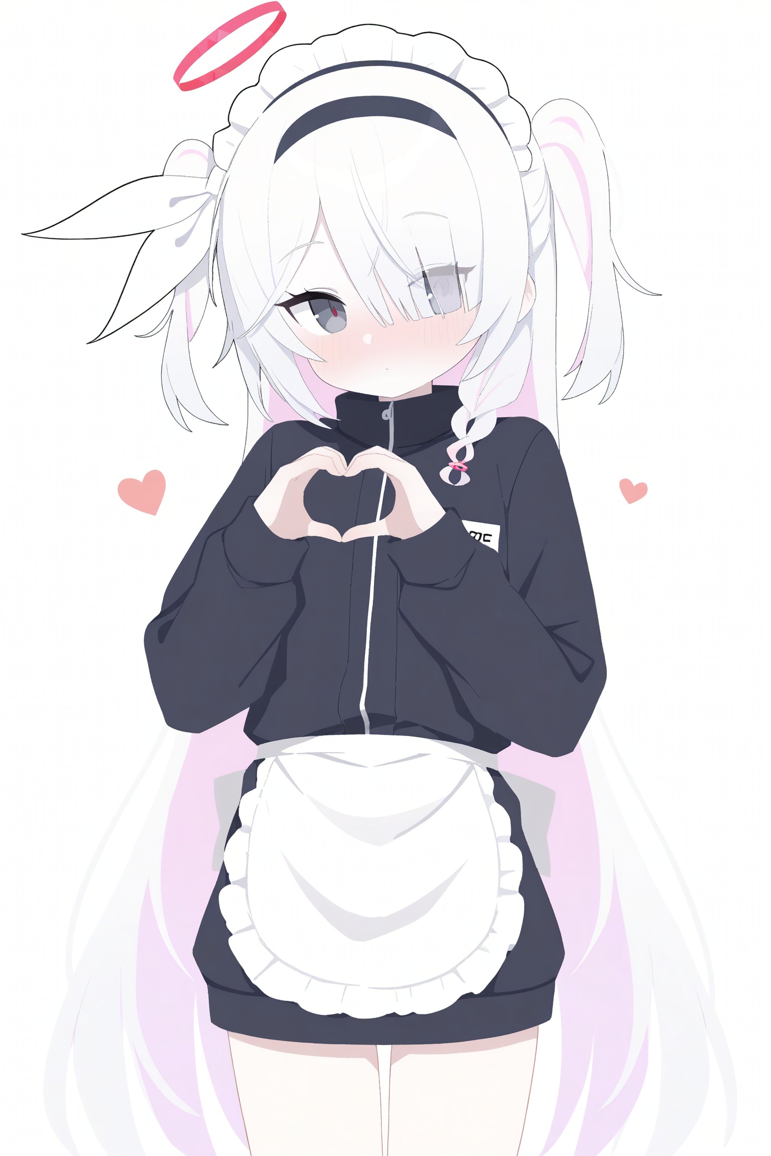blue archive, plana \(blue archive\), 1girl, alternate costume, apron, black hairband, black jacket, blush, braid, cowboy shot, eyes visible through hair, four-finger heart hands, frilled apron, frills, grey hair, hair over one eye, hairband, halo, heart, heart hands, jacket, jersey maid, long hair, long sleeves, looking at viewer, maid, maid apron, maid headdress, multicolored hair, name tag, no pants, nose blush, pink hair, simple background, single braid, solo, thighs, track jacket, twintails, two-tone hair, unconventional maid, very long hair, waist apron, white background