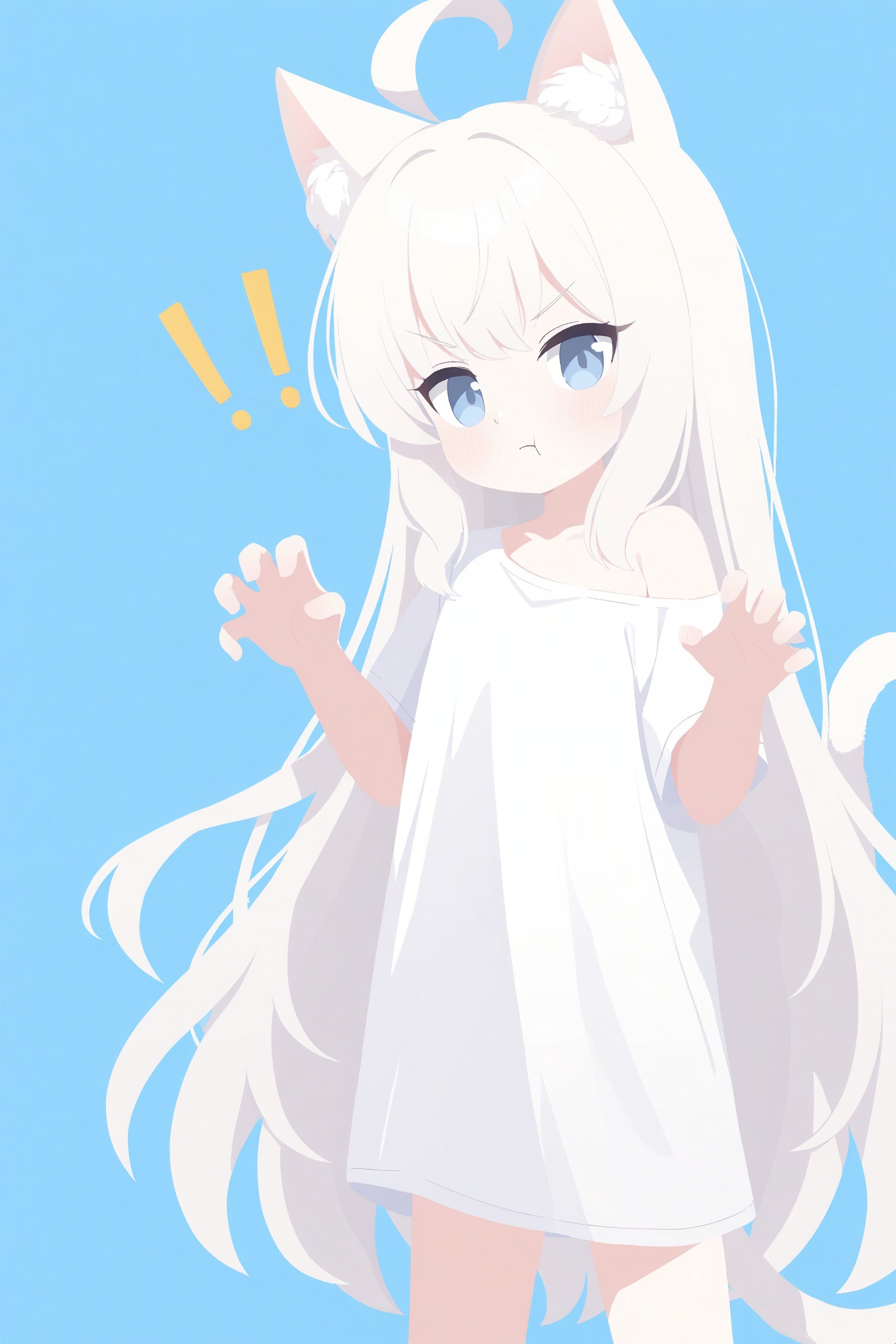 blue archive,loli, 1girl, solo, long hair, looking at viewer, blush, bangs, blue eyes, simple background, shirt, animal ears, very long hair, closed mouth, tail, white shirt, ahoge, white hair, short sleeves, cat ears, off shoulder, star \(symbol\), v-shaped eyebrows, cat tail, animal ear fluff, hands up, blue background, cat girl, !, :t, pout, claw pose, !!, oversized shirt

