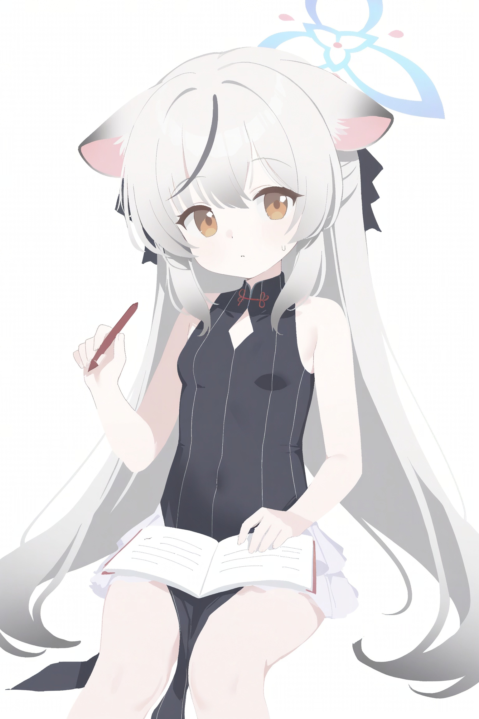 blue archive, kokona \(blue archive\), 1girl, animal ears, blue halo, breasts, grey hair, halo, holding, holding pencil, long hair, looking at viewer, pencil, sitting, small breasts, white background, yellow eyes