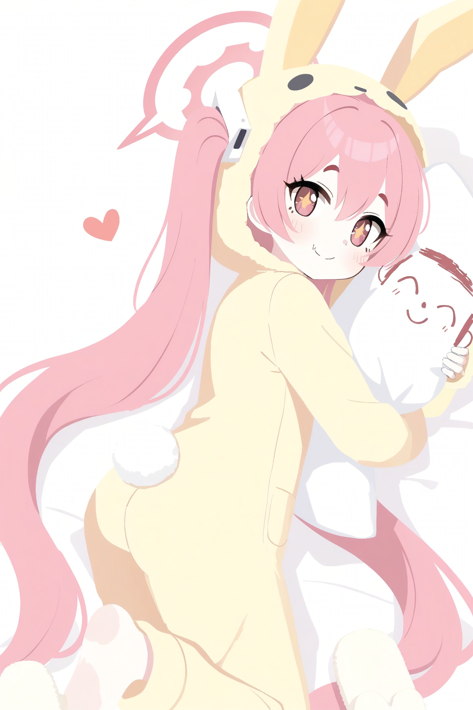 koyuki \(blue archive\), koyuki \(pajamas\) \(blue archive\), sensei \(blue archive\), doodle sensei \(blue archive\), + +, 1girl, animal costume, bent back, blush, closed mouth, cosplay, dice, fang, hair between eyes, halo, heart, hood, hood up, hooded pajamas, hugging object, kigurumi, long hair, long sleeves, looking at viewer, official alternate costume, onesie, pajamas, pillow, pillow hug, pink eyes, pink hair, pink halo, rabbit costume, rabbit pajamas, rabbit tail, skin fang, slippers, smile, solo, split mouth, tail, twintails, unworn slippers, white slippers, yellow pajamas