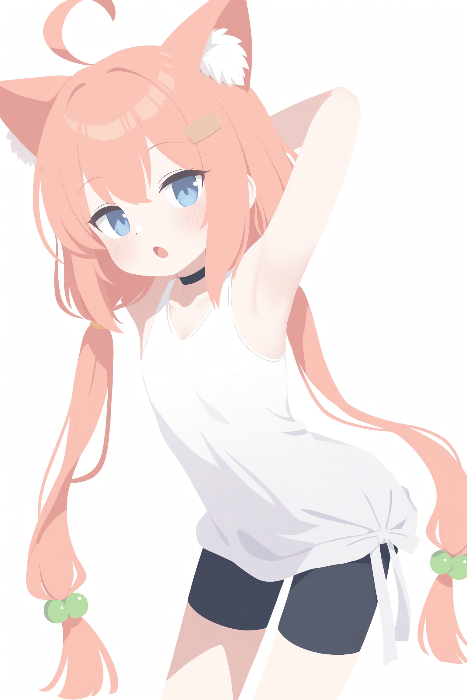 blue archive,nekomiya hinata,white background,1girl, ahoge, animal ear fluff, animal ears, armpits, arms behind back, bike shorts, black shorts, blue eyes, blush, cat ears, cat girl, choker, hair bobbles, hair ornament, leaning forward, long hair, looking at viewer, low twintails, open mouth, own hands together, pink hair, shorts, solo, **** top, twintails, virtual youtuber, white **** top