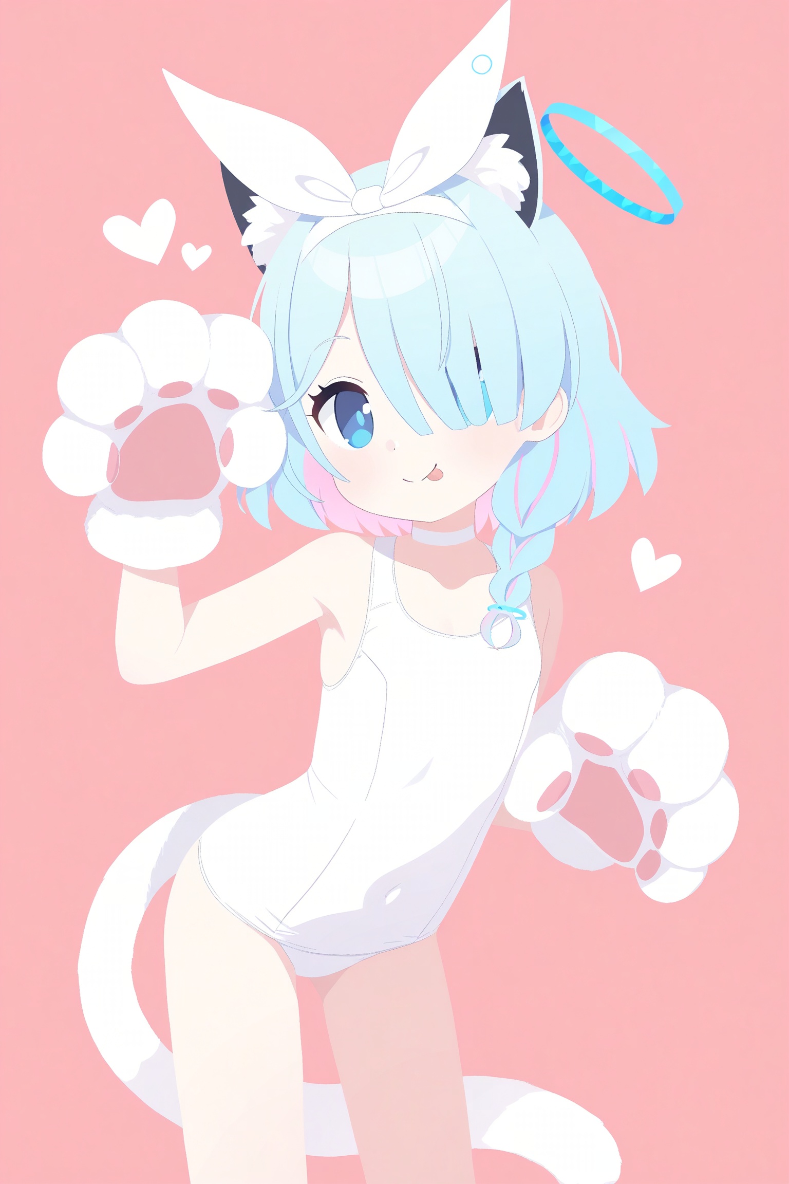 arona \(blue archive\), 1girl, animal ears, animal hands, blue eyes, blue hair, blue halo, blue pupils, bow, bow hairband, braid, cat ears, cat girl, cat paws, cat tail, closed mouth, colored inner hair, flat chest, gloves, hair bow, hair over one eye, hairband, halo, heart, kemonomimi mode, leaning forward, looking at viewer, mismatched pupils, multicolored hair, one-piece swimsuit, outline, paw gloves, pink hair, red pupils, school swimsuit, side braid, single braid, solo, swimsuit, tail, tongue, tongue out, two-tone hair, white bow, white hairband, white one-piece swimsuit, white outline