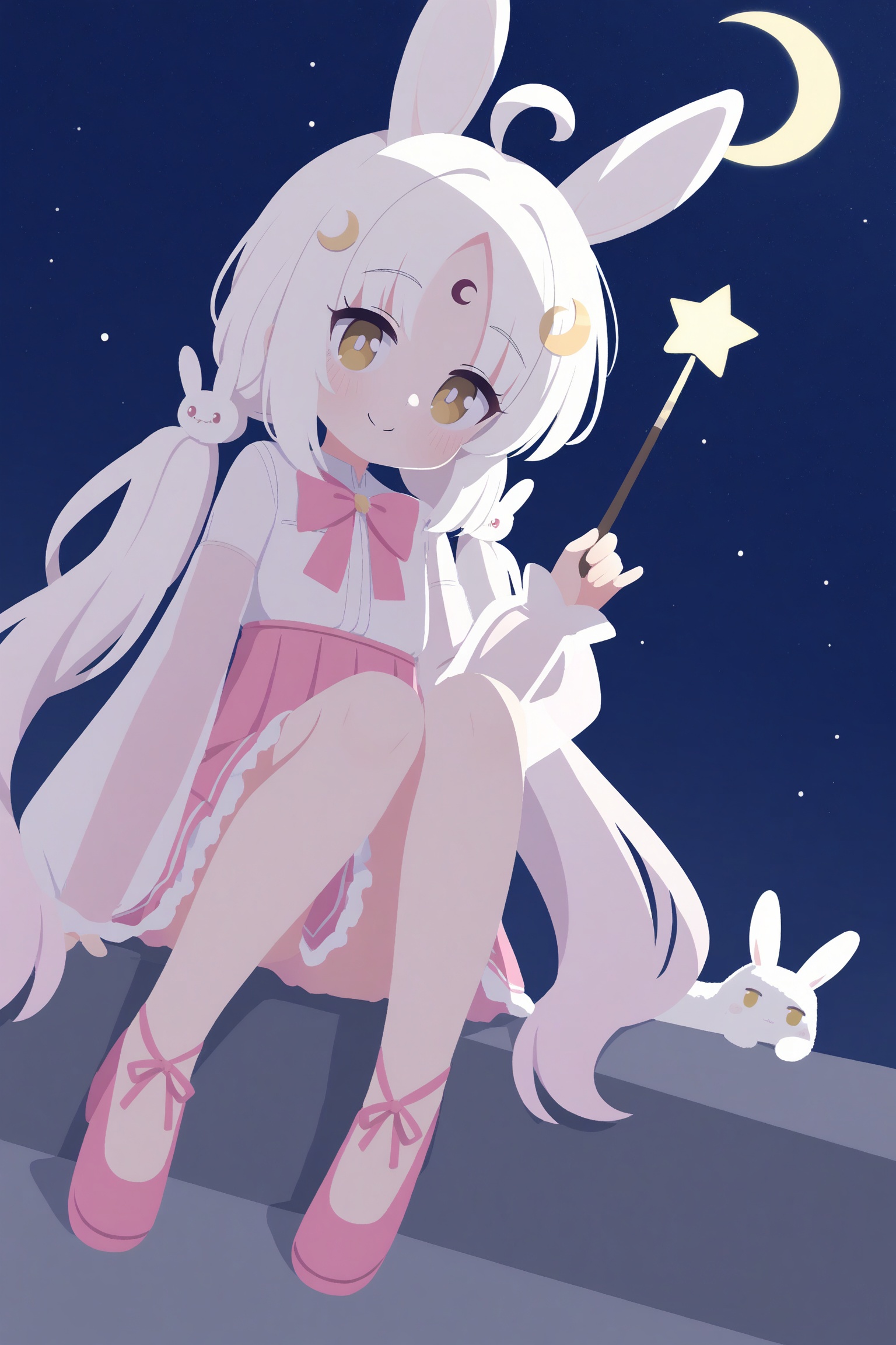 blue archive,1girl,loli,petite,high quality,chromatic_aberration,cinematic_angle,dutch angle,  1girl, rabbit, white footwear, solo, white hair, long sleeves, shoes, rabbit ears, long hair, crescent, puffy long sleeves, crescent moon, dress, parted bangs, very long hair, animal ears, star (symbol), animal, puffy sleeves, star (sky), closed mouth, smile, yellow eyes, holding, sky, looking at viewer, blush, low twintails, starry sky, moon, frilled dress, frills, pink dress, twintails, full body, ahoge, knees up, bow, multicolored hair, holding wand, hand up, rabbit hair ornament, sleeves past wrists, see-through, wand, see-through sleeves, hair ornament, gradient hair, pink footwear, facial mark, night sky, brown eyes,  night, frilled skirt, pink bow, forehead mark, shirt, pleated dress, sitting, white shirt, starry background, space, parted lips

