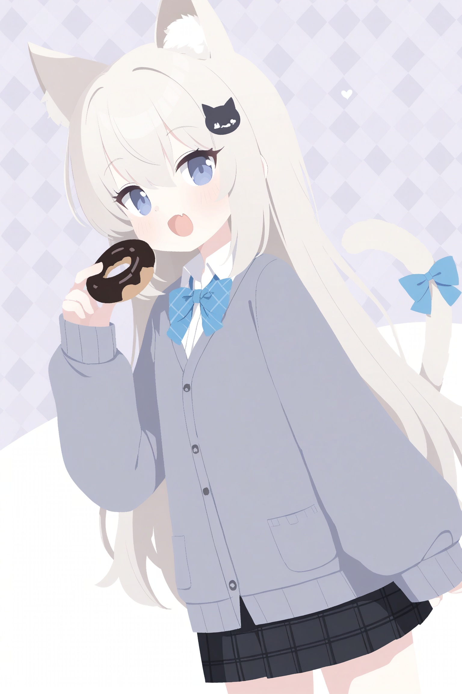 blue archive,masterpiece,very aware,highres,absurdres,newest,best quality,loli,petite,high quality,chromatic_aberration,cinematic_angle,dutch angle, doughnut, 1girl, grey cardigan, animal ears, skirt, tail, cat tail, grey hair, shirt, argyle background, food, cat ears, black skirt, pleated skirt, cardigan, solo, blue eyes, white shirt, collared shirt, tail ornament, animal ear fluff, tail bow, holding, puffy long sleeves, cat girl, hair ornament, long hair, blue bow, bow, holding food, long sleeves, sleeves past wrists, very long hair, hairclip, puffy sleeves, cat hair ornament, looking at viewer, hair between eyes, smile, blush, open mouth, sparkle, dress shirt, :d, fang, hand up, fish hair ornament, eating, school uniform, two-tone background, grey sweater, tail ribbon, blue cardigan, grey jacket, heart, tail raised

