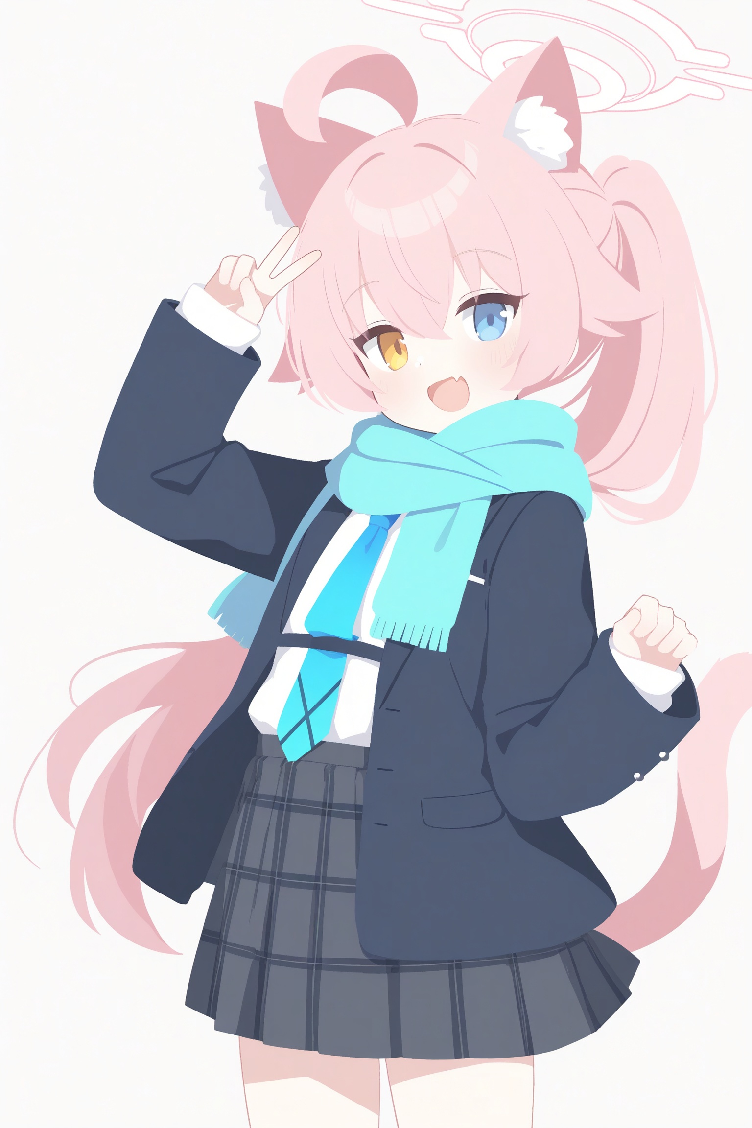 blue archive, hoshino \(blue archive\), hoshino \(second year\) \(blue archive\), 1girl, ahoge, animal ear fluff, animal ears, aqua scarf, black jacket, black skirt, blazer, blue eyes, blue necktie, blue scarf, blush, cat ears, cat girl, cat tail, cowboy shot, fang, grey skirt, grey sweater, hair between eyes, halo, heterochromia, jacket, long hair, long sleeves, looking at viewer, necktie, open clothes, open jacket, open mouth, pink hair, pink halo, plaid clothes, plaid skirt, pleated skirt, ponytail, scarf, school uniform, shirt, simple background, skin fang, skirt, smile, solo, sweater, tail, v, white background, white shirt, yellow eyes
