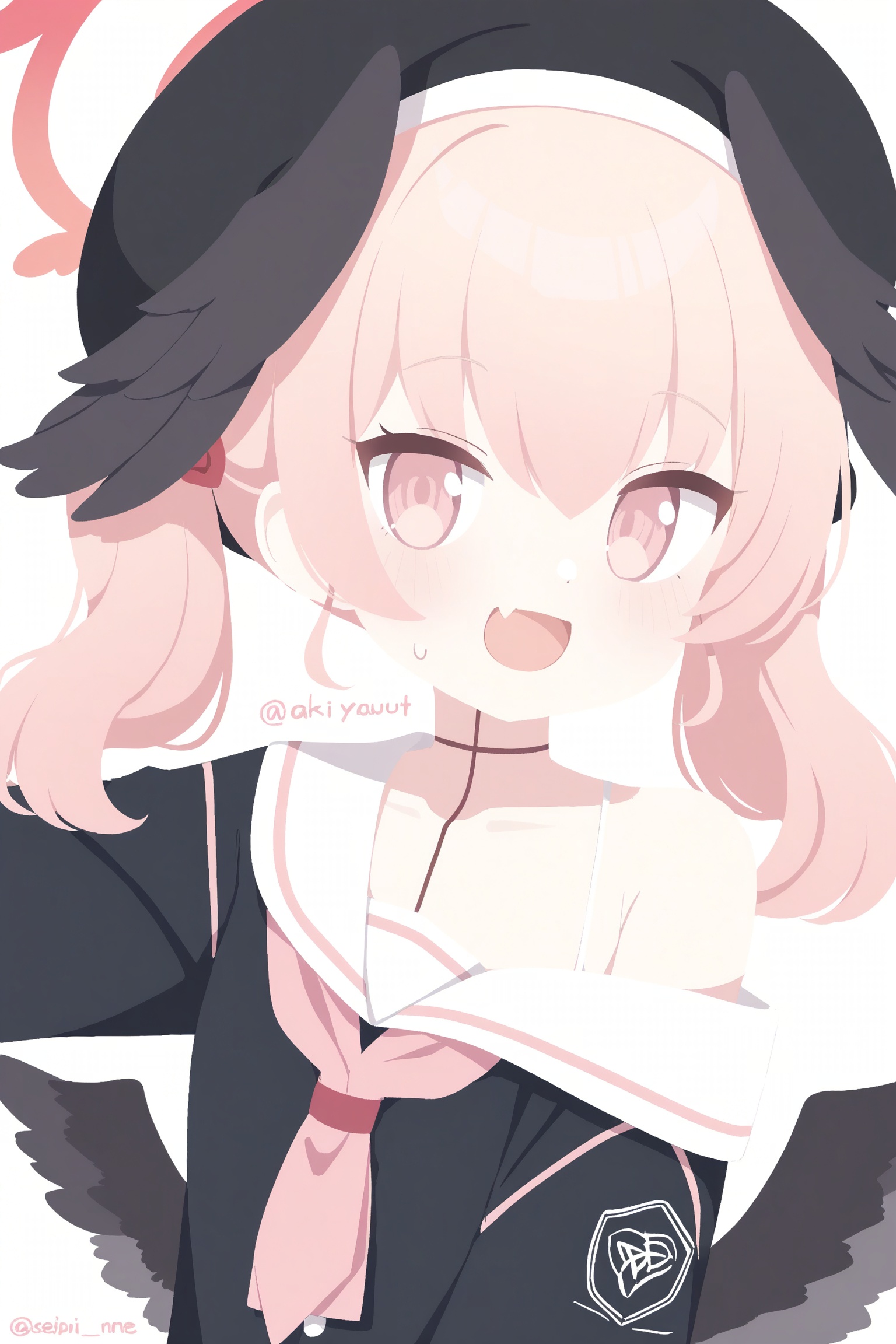 blue archive, koharu \(blue archive\), 1girl, :d, beret, black hat, black shirt, black wings, blush, collarbone, fang, feathered wings, hair between eyes, hair ornament, halo, hat, head wings, long hair, looking at viewer, neckerchief, off shoulder, open mouth, pink eyes, pink hair, pink halo, pink neckerchief, sailor collar, school uniform, serafuku, shirt, simple background, single bare shoulder, skin fang, smile, solo, twintails, twitter username, upper body, white background, white sailor collar, winged halo, winged hat, wings