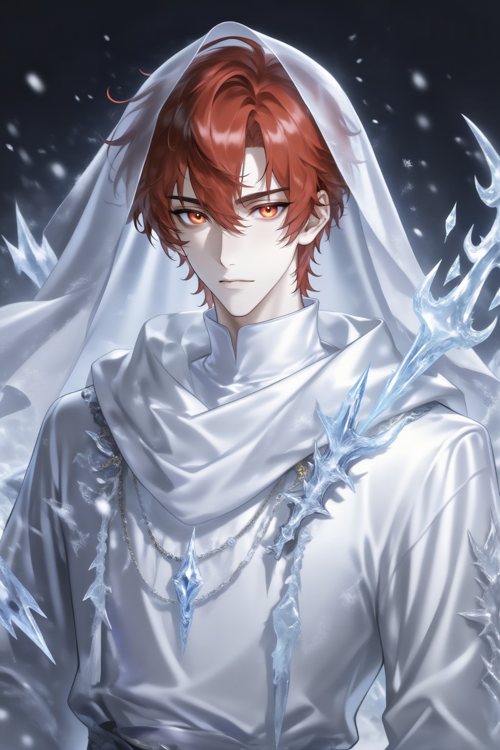 杰作,最佳品质,高清细节,写实动漫风格,一幅英俊青年的画像,神圣白袍,地狱火红发。灰雪面纱+冰封火焰尖刺