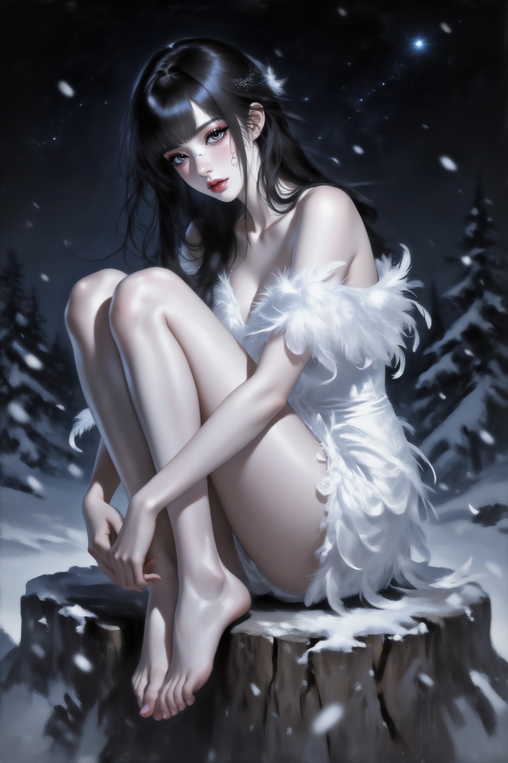 Detailed realistic oil painting.红色暗调,真实油画,油画丙烯画笔触,织物纹理,伦勃朗风格油画,
风骚撩人的少女,单人,精致绝美脸庞,勾魂摄魄的媚眼,白皙肌肤,细腻皮肤,精致五官,华丽妆容,
低视角拍摄一位有着东亚面孔的年轻女子,双腿蜷缩坐在雪景山林的木桩上。她穿着一件白色羽毛装饰超短裙,裙摆长度及大腿根部,显得纯洁魅惑。头发显得凌乱,几缕发丝轻柔地修饰着脸颊。前景有飘落的雪花,前景模糊。
夜晚,天空闪烁着星星。闪光灯拍摄,暗调摄影.,,light,Unreal Engine 5,超现实3D渲染,电影级光影,体积光,戏剧性照明,精妙设计,极致细节,light