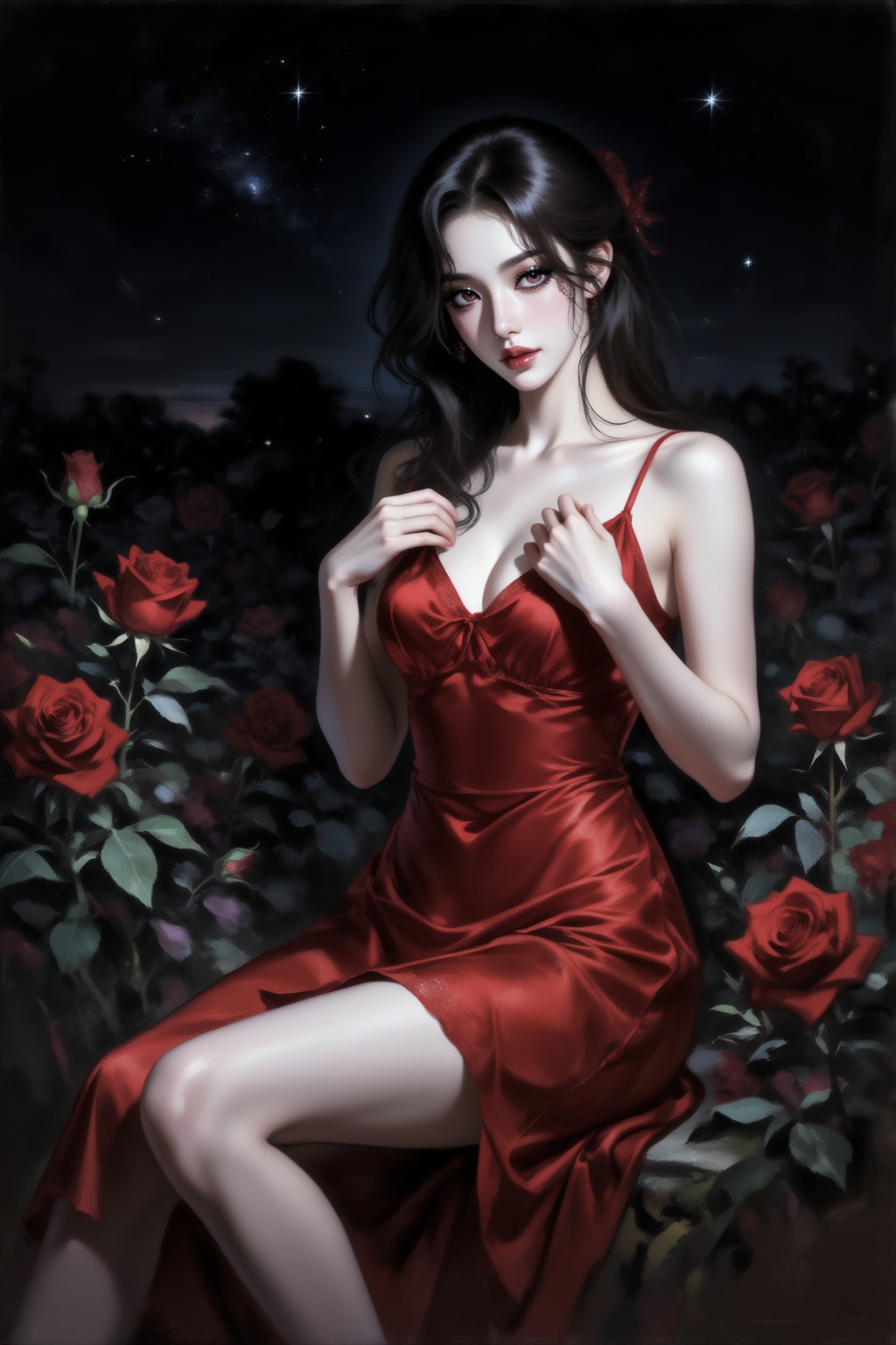 Detailed realistic oil painting.红色暗调,真实油画,油画丙烯画笔触,织物纹理,伦勃朗风格油画,
风骚撩人的少女,单人,精致绝美脸庞,勾魂摄魄的媚眼,白皙肌肤,细腻皮肤,精致五官,华丽妆容,
低视角拍摄一位有着东亚面孔的年轻女子,双手轻抚裙摆坐在玫瑰花园中。她穿着一件红色丝绸吊带睡裙,裙摆长度及大腿中部,显得优雅性感。头发显得凌乱,几缕发丝轻柔地修饰着脸颊。前景有几朵玫瑰花,前景模糊。
夜晚,天空闪烁着星星。闪光灯拍摄,暗调摄影.,,light,Unreal Engine 5,超现实3D渲染,电影级光影,体积光,戏剧性照明,精妙设计,极致细节,light