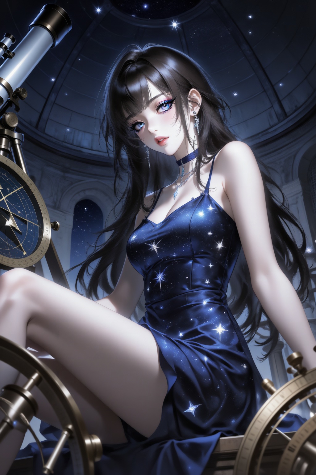 
风骚撩人的少女,单人,精致绝美脸庞,勾魂摄魄的媚眼,白皙肌肤,细腻皮肤,精致五官,华丽妆容,
低视角拍摄一位有着东亚面孔的年轻女子,背靠望远镜坐在天文台穹顶下。她穿着一件深蓝色星空图案超短裙,裙摆长度及大腿根部,显得神秘梦幻。头发显得凌乱,几缕发丝轻柔地修饰着脸颊。前景有星图仪器,前景模糊。
夜晚,天空闪烁着星星。闪光灯拍摄,暗调摄影.,,light,Unreal Engine 5,超现实3D渲染,电影级光影,体积光,戏剧性照明,精妙设计,极致细节,light