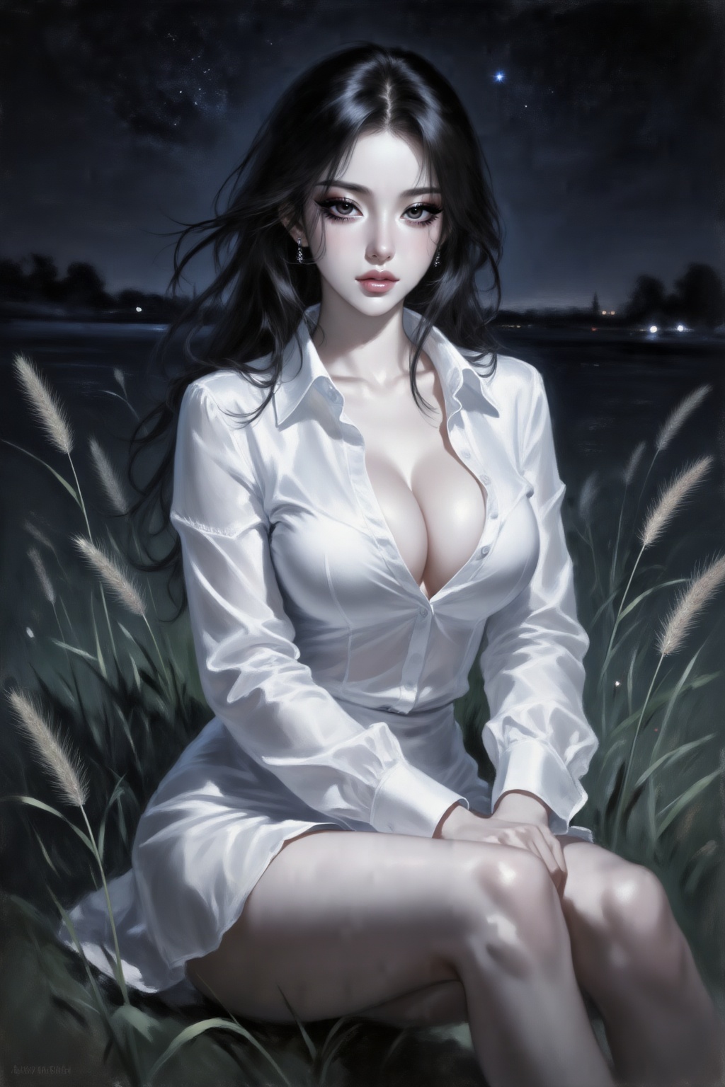 Detailed realistic oil painting.红色暗调,真实油画,油画丙烯画笔触,织物纹理,伦勃朗风格油画,
风骚撩人的少女,单人,精致绝美脸庞,勾魂摄魄的媚眼,白皙肌肤,细腻皮肤,精致五官,华丽妆容,丰满巨乳,低视角拍摄一位有着东亚面孔的年轻女子,双手抱膝坐在狗尾巴草地里。她穿着一件修身的白色薄款纽扣衬衫,衣摆长度及大腿上部,显得性感。头发显得凌乱,几缕发丝轻柔地修饰着脸颊。前景有几根狗尾巴草,前景模糊。
夜晚,天空闪烁着星星。闪光灯拍摄,暗调摄影。,,light,Unreal Engine 5,超现实3D渲染,电影级光影,体积光,戏剧性照明,精妙设计,极致细节,light