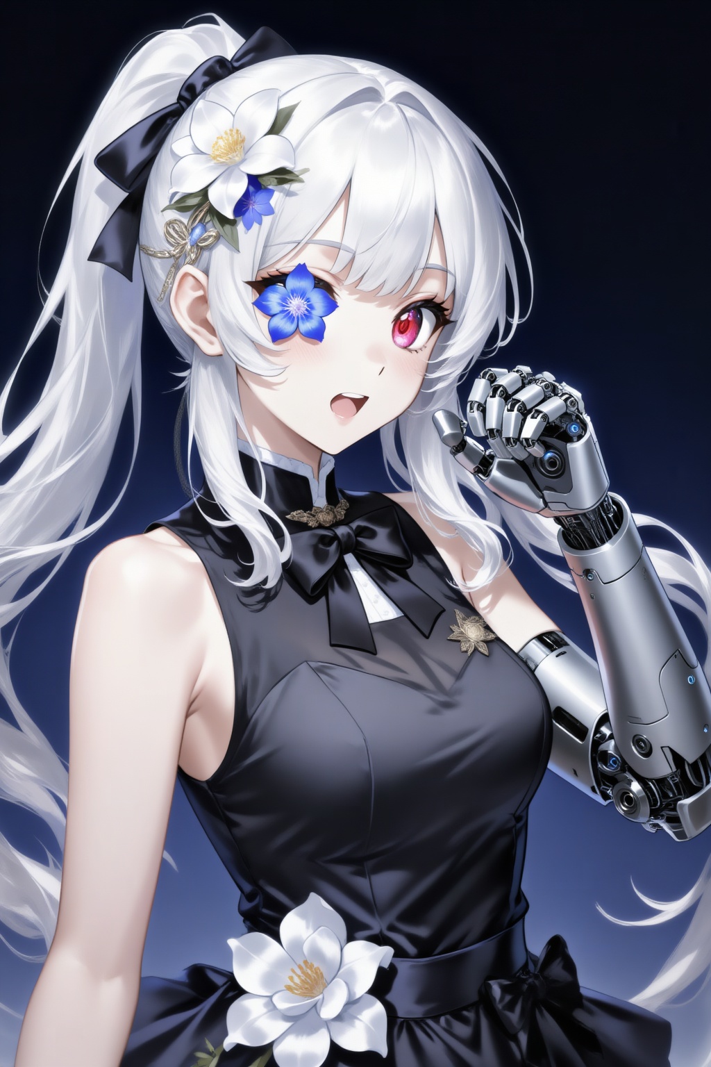 二次元,1女孩,独唱,长发,**,看向观众,刘海,发饰,红眼睛,连衣裙,蝴蝶结,裸露的肩膀,上身,马尾辫,花,白发,发弓,张开的嘴唇,无袖,发花,粉红色的眼睛,黑色连衣裙,黑蝴蝶结,无袖连衣裙,白花,手套,蓝色花朵,一只眼睛,机械臂,单机械臂,花在眼睛上