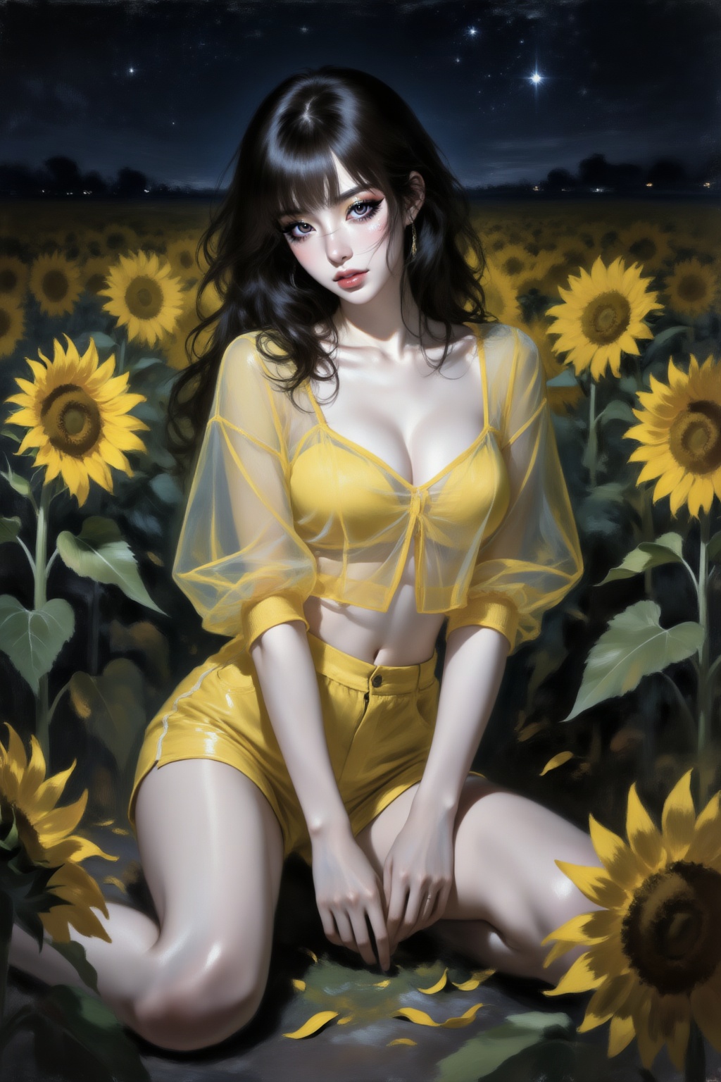 Detailed realistic oil painting.红色暗调,真实油画,油画丙烯画笔触,织物纹理,伦勃朗风格油画,
风骚撩人的少女,单人,精致绝美脸庞,勾魂摄魄的媚眼,白皙肌肤,细腻皮肤,精致五官,华丽妆容,
低视角拍摄一位有着东亚面孔的年轻女子,双手撑地坐在向日葵花田中央。她穿着一件黄色薄纱透视短上衣配短裤,衣摆长度及腰部,显得阳光性感。头发显得凌乱,几缕发丝轻柔地修饰着脸颊。前景有向日葵花瓣,前景模糊。
夜晚,天空闪烁着星星。闪光灯拍摄,暗调摄影.,,light,Unreal Engine 5,超现实3D渲染,电影级光影,体积光,戏剧性照明,精妙设计,极致细节,light