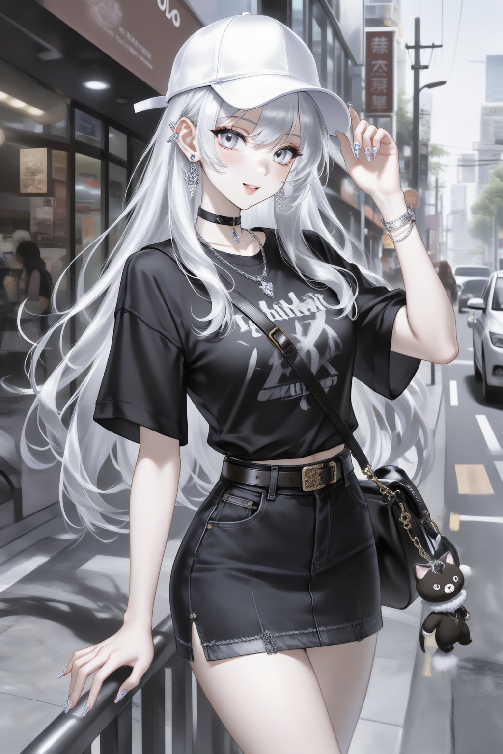 二次元,杰作级画质,顶级图像精度,超高清细节渲染,单人女性角色,（白色长发：1.4）,（比例优越的纤细长腿：1.3）,（肌肤白皙光滑的匀称美腿：1.4）,（挺拔饱满的D 罩杯曲线：1.4）,（精致立体的美颜五官：1.4）,美颜全开,光滑油亮的皮肤,水嫩的肌肤,,,一个女孩,小医仙, 真实摄影,白色长发,佩戴白色棒球帽,身着黑色字母印花T恤、黑色牛仔短裙（配复古皮带）,斜挎黑色包（挂有毛绒玩偶挂件）,站在城市街道旁（背景有店铺、车辆、行人,氛围潮酷）,潮酷,个性,户外,自然光,全身构图,人物居于画面中心,光线突出穿搭细节与街头场景,黑、灰、棕配色,T恤与短裙作潮酷亮点,造型与个性场景呼应,潮酷个性氛围感拉满,倾斜构图,（电影级面光：1.6）,（光线追踪：1.5）,（冷白皮漫感质感的光滑皮肤：1.7）,（人物有最好的骨相：1.2）,（网感脸：1.6）,（网感妆：1.6）身材完美,莫兰迪配色,高颜值网红,INS风,幼态脸,19岁女生尖下巴,三庭五眼比例均衡,身材娇小,细腻陶瓷水嫩肌肤,偏冷白皮,随机的妆容,随机的饰品,随机的动作,侧光,发丝轻飘,凌乱,随机角度拍摄,总体有很多的不确定性,但又好看, 风格甜美少女系,氛围慵懒俏皮,东方美女,黑长直,年轻娇小,发丝呈现出自然的蓬松感与垂坠感,长发散落于肩头两侧,几缕发丝拂面,冷白皮气质美女,纯欲风,皮肤白皙,偶像气质,fairskin,气质的江南美女子,有点甜美,皮肤美白透亮,表情可爱,甜美氛围,细腻笔触,独特韵味的美,亮晶晶耳饰,亮晶晶美甲,可爱表情