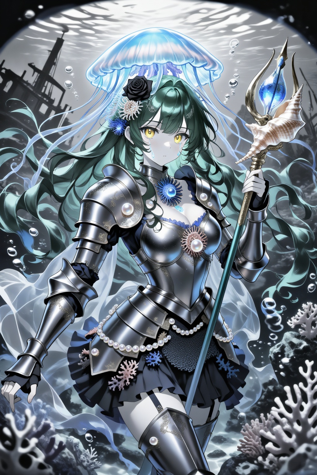 二次元,深海歌姬幽灵线条艺术,漫画风格,杰作,最佳品质,极具审美,单人少女,极致精致美丽,噪点与颗粒感,超大文件体积,惊人画质,水下扭曲透视,电影级景深,悬浮咏唱姿势,珊瑚与珍珠铠甲,幽蓝与珍珠白配色,黑白深海主题,电影化鱼眼视角,单人少女,莫伊拉·深歌|海藻绿长发|磷光黄瞳,直视镜头,长发如海草飘散,竖瞳似深海鱼,上半身特写,单手持海螺权杖,召唤姿态,背景虚化沉船残骸,发丝缠绕气泡,面无表情,头戴发光水母冠,黑玫瑰与海葵缠绕锁骨,成熟空灵,眼角渗出荧光泪珠,半透明水母纱斗篷,海底废墟光影斑驳。