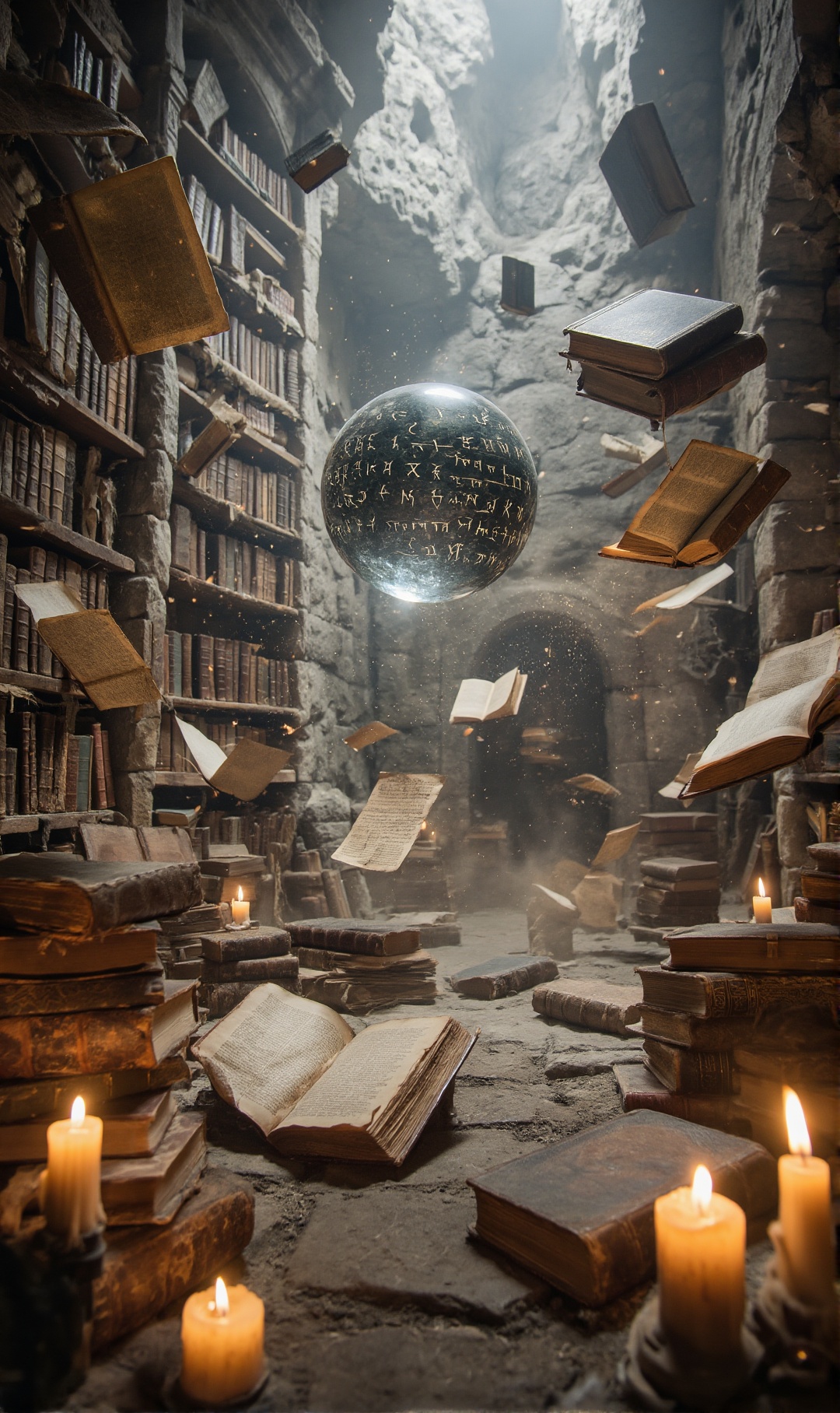 Photorealistic scene of a floating arcane library suspended in a cavernous ruin,  ancient tomes orbiting a central crystal...