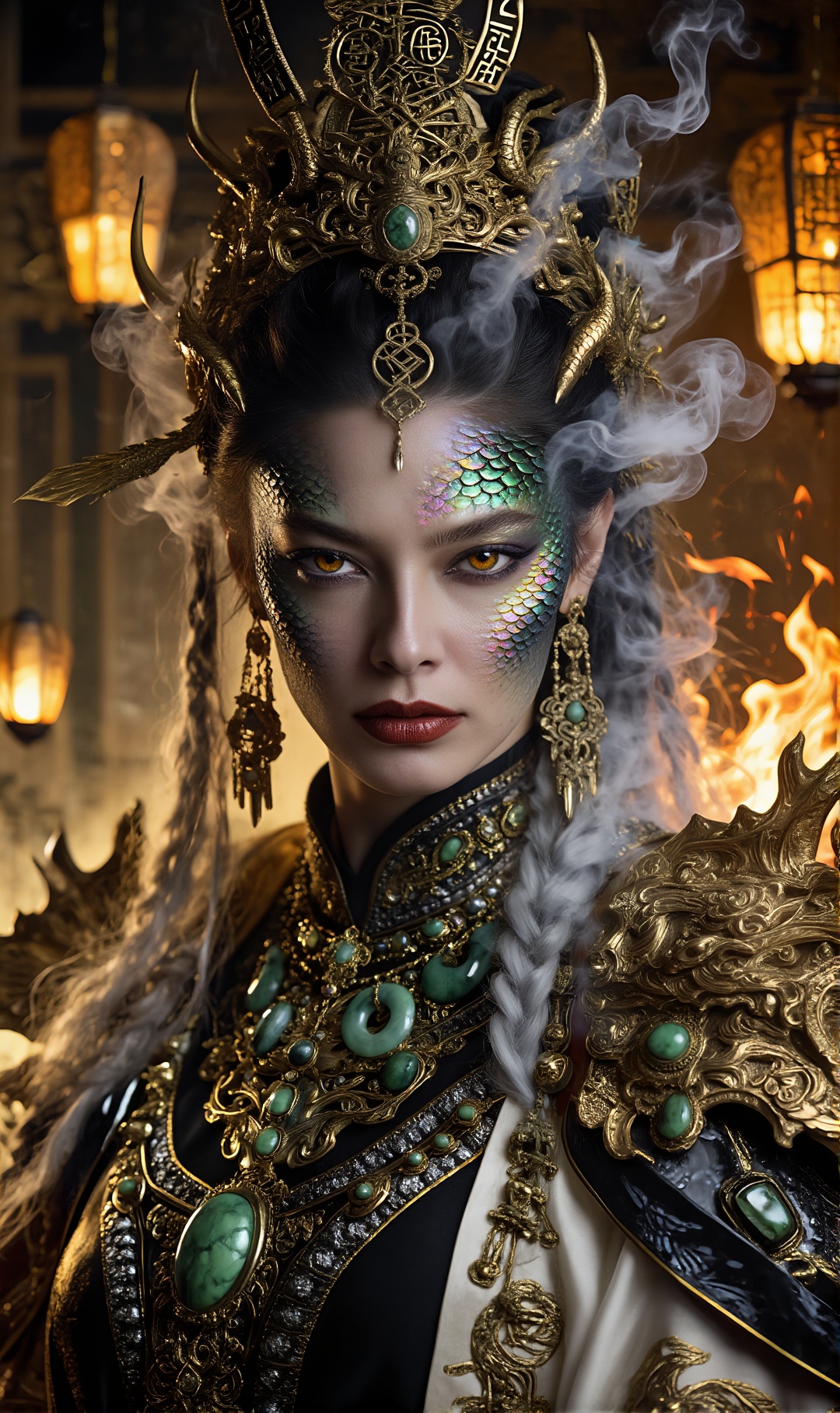 Majestic female dragon empress hybrid,  human face with iridescent scale texture on cheeks,  golden crown with ancient run...