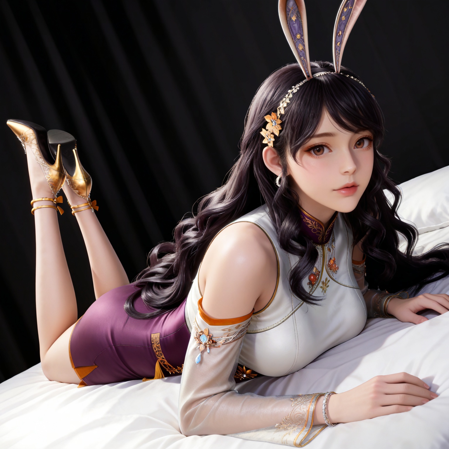 masterpiece,high quality,tall,game cg,highres,(white_skin:0.6),(shiny_skin:0.6),(realistic:1.1),looking_at_viewer,lvjing,black_background,simple background,,black hair,long hair,very long hair,wavy hair,brown eyes,large breasts,hair_ornament,hairband,fake animal ears,rabbit ears,jiangnannan white shirt,detached_sleeves,see-through_sleeves,long_sleeves,jiangnannan purple high waist skirt,bare shoulders,high_heels,jewelry,full body,legs,long legs,hand on hip,bed,dynamic_angle,dutch angle,on_stomach,feet up,


