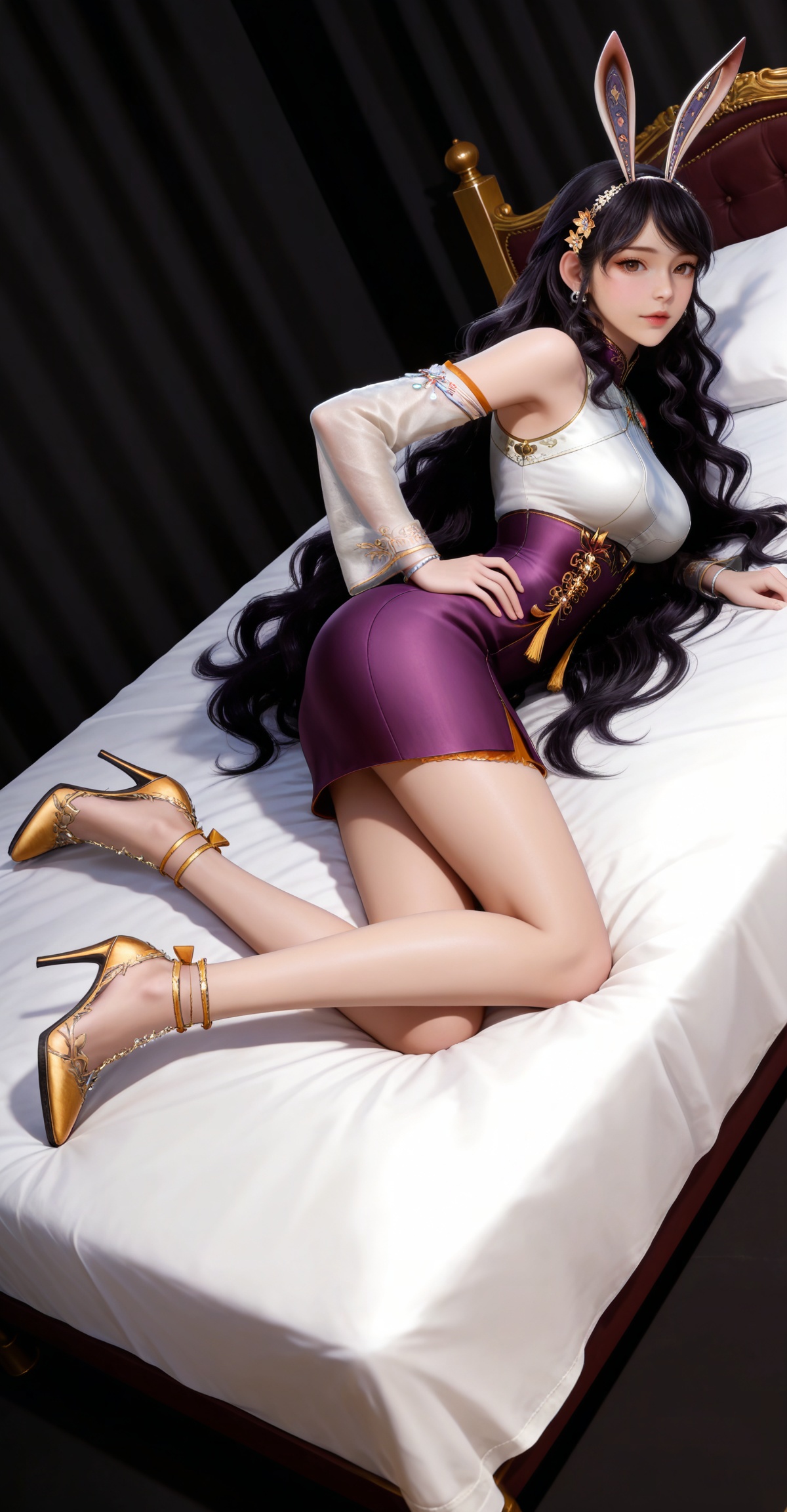 masterpiece,high quality,tall,game cg,highres,(white_skin:0.6),(shiny_skin:0.6),(realistic:1.1),looking_at_viewer,lvjing,black_background,simple background,,black hair,long hair,very long hair,wavy hair,brown eyes,large breasts,hair_ornament,hairband,fake animal ears,rabbit ears,jiangnannan white shirt,detached_sleeves,see-through_sleeves,long_sleeves,jiangnannan purple high waist skirt,bare shoulders,high_heels,jewelry,full body,legs,long legs,hand on hip,bed,dynamic_angle,dutch angle,on_stomach,feet up,


