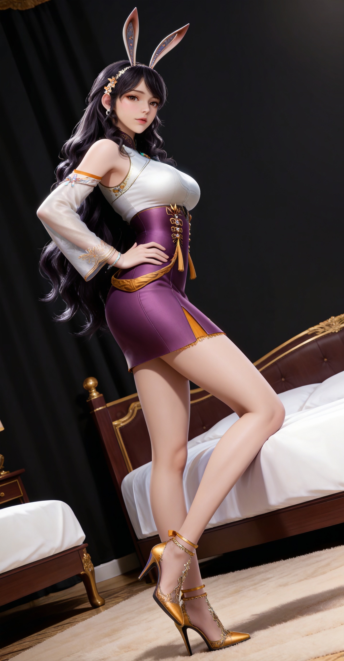 masterpiece,high quality,tall,game cg,highres,(white_skin:0.6),(shiny_skin:0.6),(realistic:1.1),looking_at_viewer,lvjing,black_background,simple background,,black hair,long hair,very long hair,wavy hair,brown eyes,large breasts,hair_ornament,hairband,fake animal ears,rabbit ears,jiangnannan white shirt,detached_sleeves,see-through_sleeves,long_sleeves,jiangnannan purple high waist skirt,bare shoulders,high_heels,jewelry,full body,legs,long legs,hand on hip,bed,dynamic_angle,dutch angle,standing,leg up,


