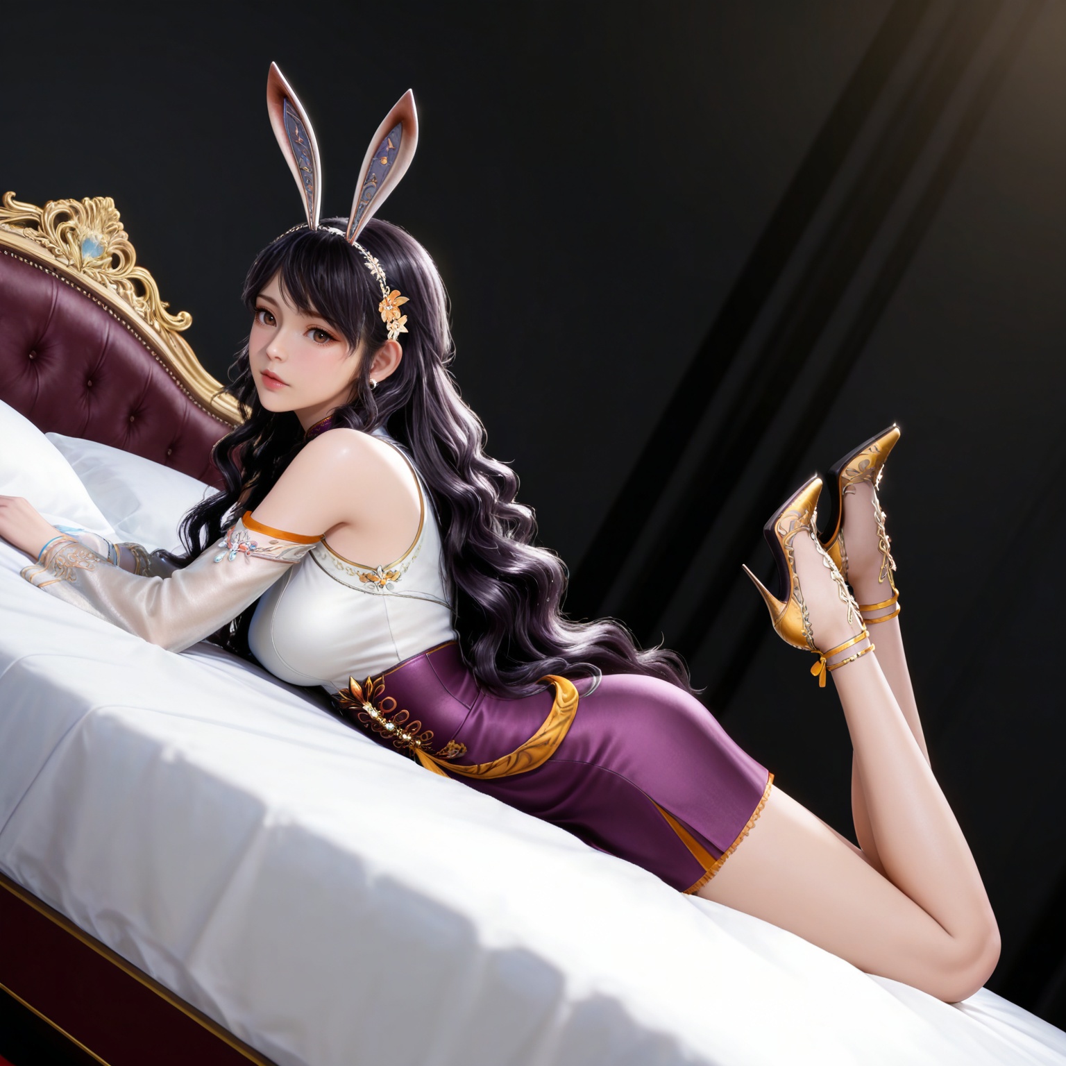 masterpiece,high quality,tall,game cg,highres,(white_skin:0.6),(shiny_skin:0.6),(realistic:1.1),looking_at_viewer,lvjing,black_background,simple background,,black hair,long hair,very long hair,wavy hair,brown eyes,large breasts,hair_ornament,hairband,fake animal ears,rabbit ears,jiangnannan white shirt,detached_sleeves,see-through_sleeves,long_sleeves,jiangnannan purple high waist skirt,bare shoulders,high_heels,jewelry,full body,legs,long legs,hand on hip,bed,dynamic_angle,dutch angle,on_stomach,feet up,


