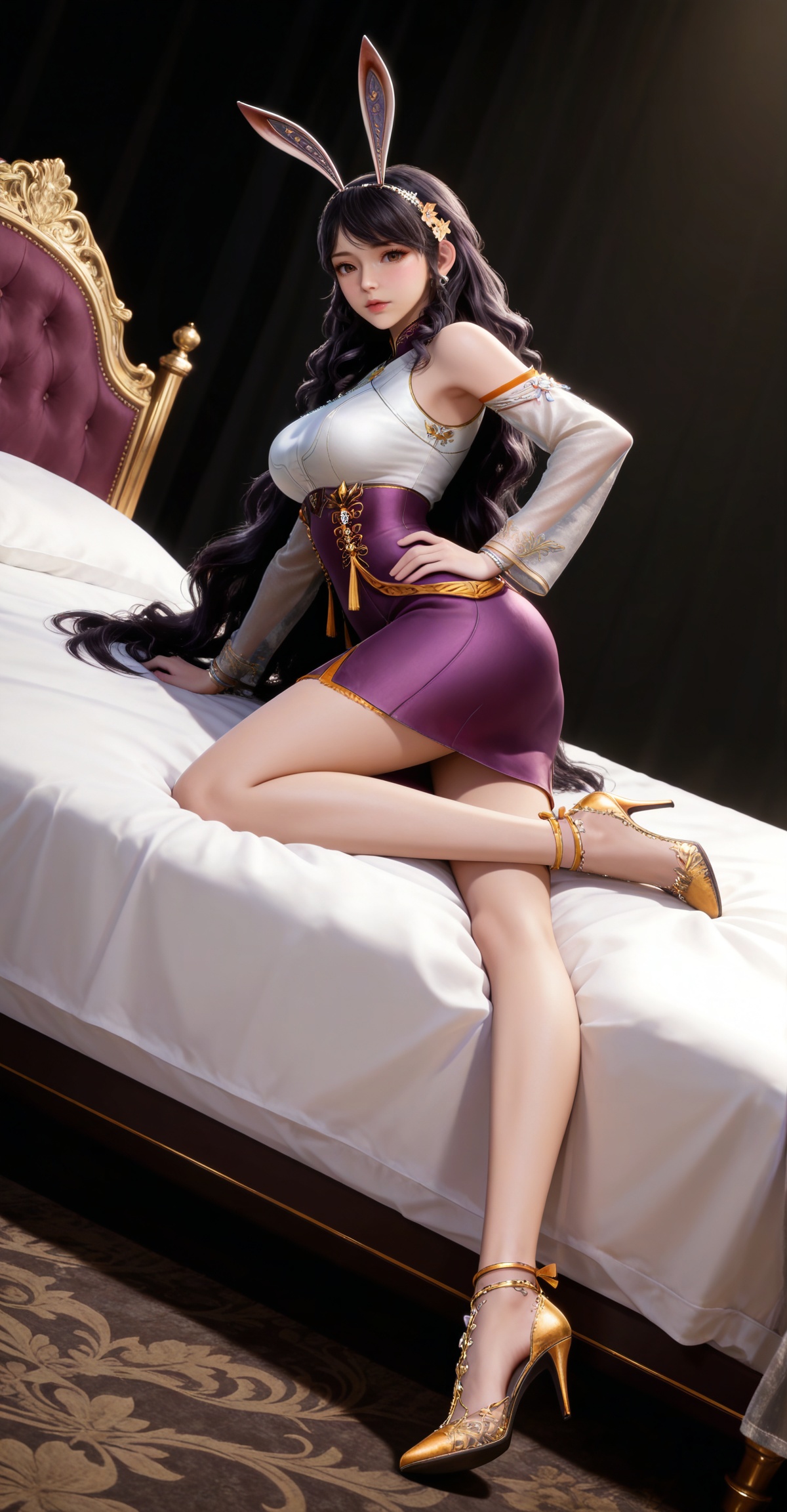masterpiece,high quality,tall,game cg,highres,(white_skin:0.6),(shiny_skin:0.6),(realistic:1.1),looking_at_viewer,lvjing,black_background,simple background,,black hair,long hair,very long hair,wavy hair,brown eyes,large breasts,hair_ornament,hairband,fake animal ears,rabbit ears,jiangnannan white shirt,detached_sleeves,see-through_sleeves,long_sleeves,jiangnannan purple high waist skirt,bare shoulders,high_heels,jewelry,full body,legs,long legs,hand on hip,bed,dynamic_angle,dutch angle,on_stomach,feet up,


