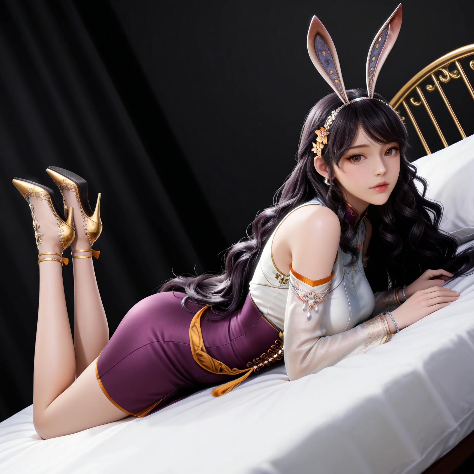 masterpiece,high quality,tall,game cg,highres,(white_skin:0.6),(shiny_skin:0.6),(realistic:1.1),looking_at_viewer,lvjing,black_background,simple background,,black hair,long hair,very long hair,wavy hair,brown eyes,large breasts,hair_ornament,hairband,fake animal ears,rabbit ears,jiangnannan white shirt,detached_sleeves,see-through_sleeves,long_sleeves,jiangnannan purple high waist skirt,bare shoulders,high_heels,jewelry,full body,legs,long legs,hand on hip,bed,dynamic_angle,dutch angle,on_stomach,feet up,


