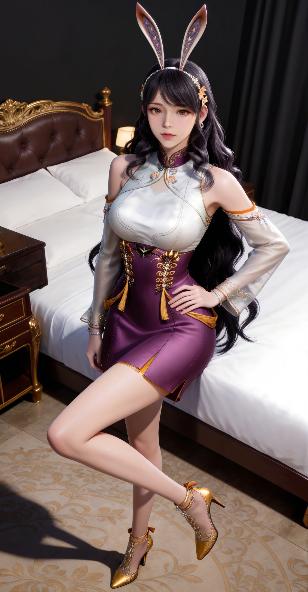 masterpiece,high quality,tall,game cg,highres,(white_skin:0.6),(shiny_skin:0.6),(realistic:1.1),looking_at_viewer,lvjing,black_background,simple background,,black hair,long hair,very long hair,wavy hair,brown eyes,large breasts,hair_ornament,hairband,fake animal ears,rabbit ears,jiangnannan white shirt,detached_sleeves,see-through_sleeves,long_sleeves,jiangnannan purple high waist skirt,bare shoulders,high_heels,jewelry,full body,legs,long legs,hand on hip,bed,dynamic_angle,dutch angle,standing,leg up,

