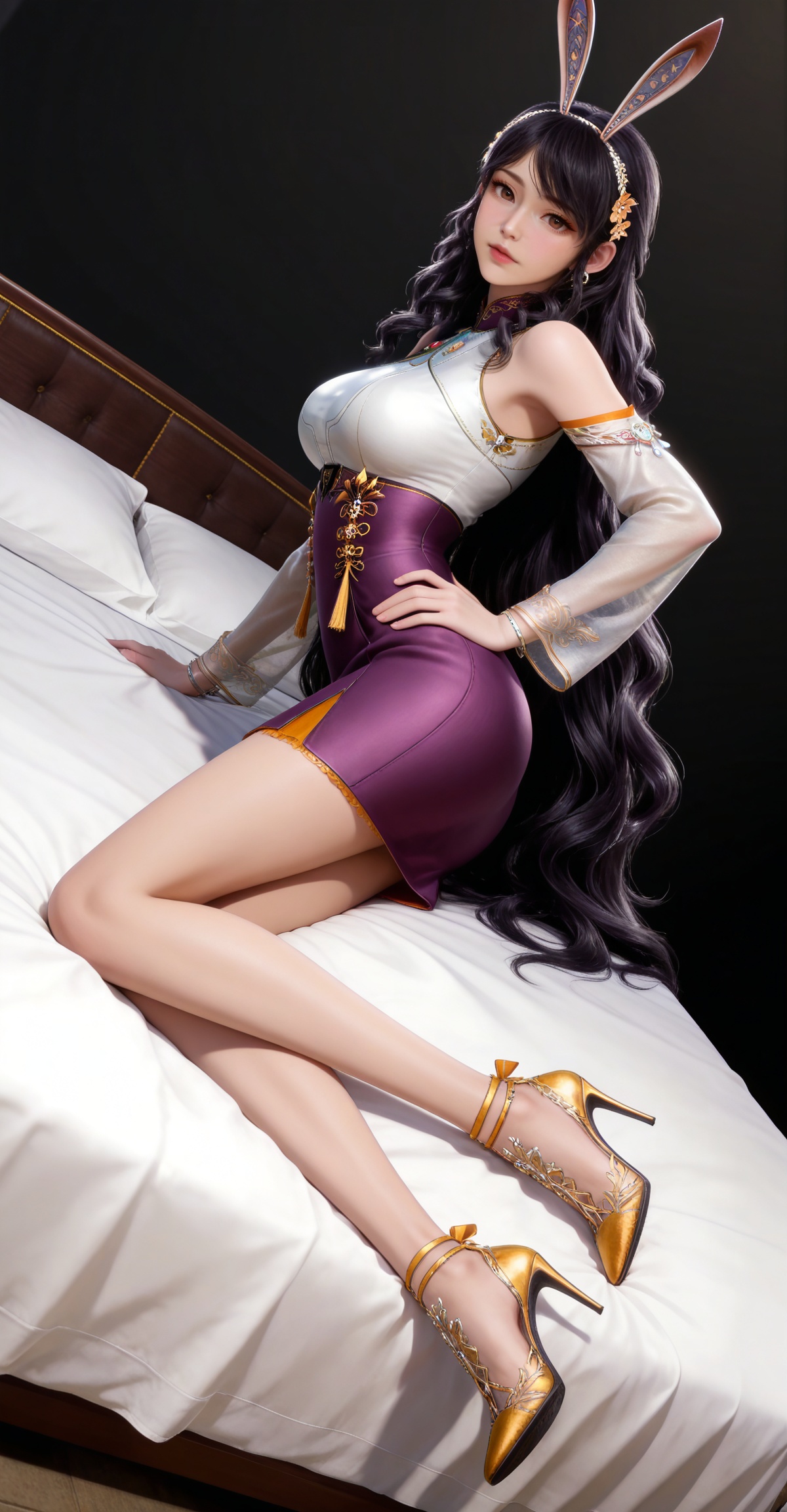 masterpiece,high quality,tall,game cg,highres,(white_skin:0.6),(shiny_skin:0.6),(realistic:1.1),looking_at_viewer,lvjing,black_background,simple background,,black hair,long hair,very long hair,wavy hair,brown eyes,large breasts,hair_ornament,hairband,fake animal ears,rabbit ears,jiangnannan white shirt,detached_sleeves,see-through_sleeves,long_sleeves,jiangnannan purple high waist skirt,bare shoulders,high_heels,jewelry,full body,legs,long legs,hand on hip,bed,dynamic_angle,dutch angle,on_stomach,feet up,


