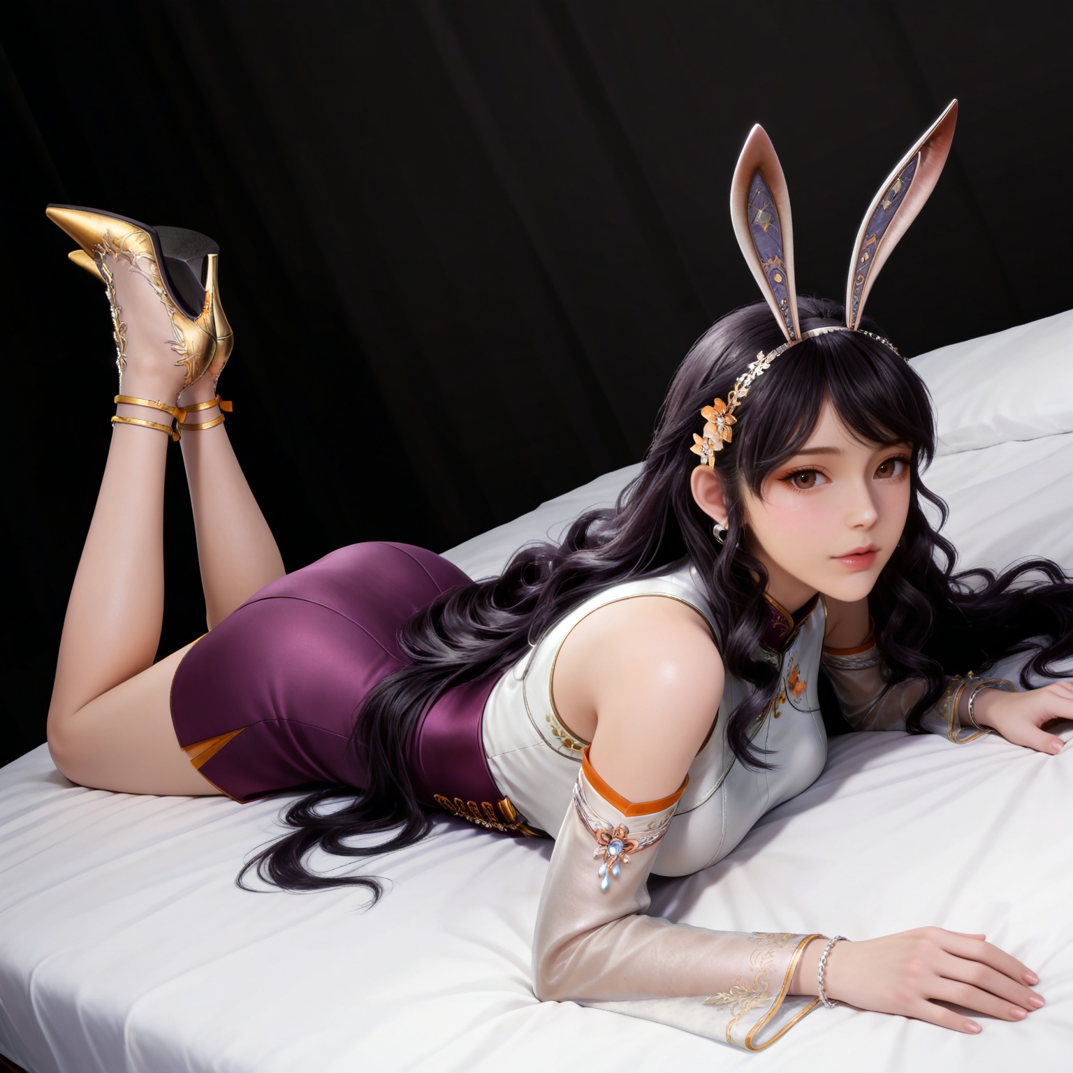 masterpiece,high quality,tall,game cg,highres,(white_skin:0.6),(shiny_skin:0.6),(realistic:1.1),looking_at_viewer,lvjing,black_background,simple background,,black hair,long hair,very long hair,wavy hair,brown eyes,large breasts,hair_ornament,hairband,fake animal ears,rabbit ears,jiangnannan white shirt,detached_sleeves,see-through_sleeves,long_sleeves,jiangnannan purple high waist skirt,bare shoulders,high_heels,jewelry,full body,legs,long legs,hand on hip,bed,dynamic_angle,dutch angle,on_stomach,feet up,


