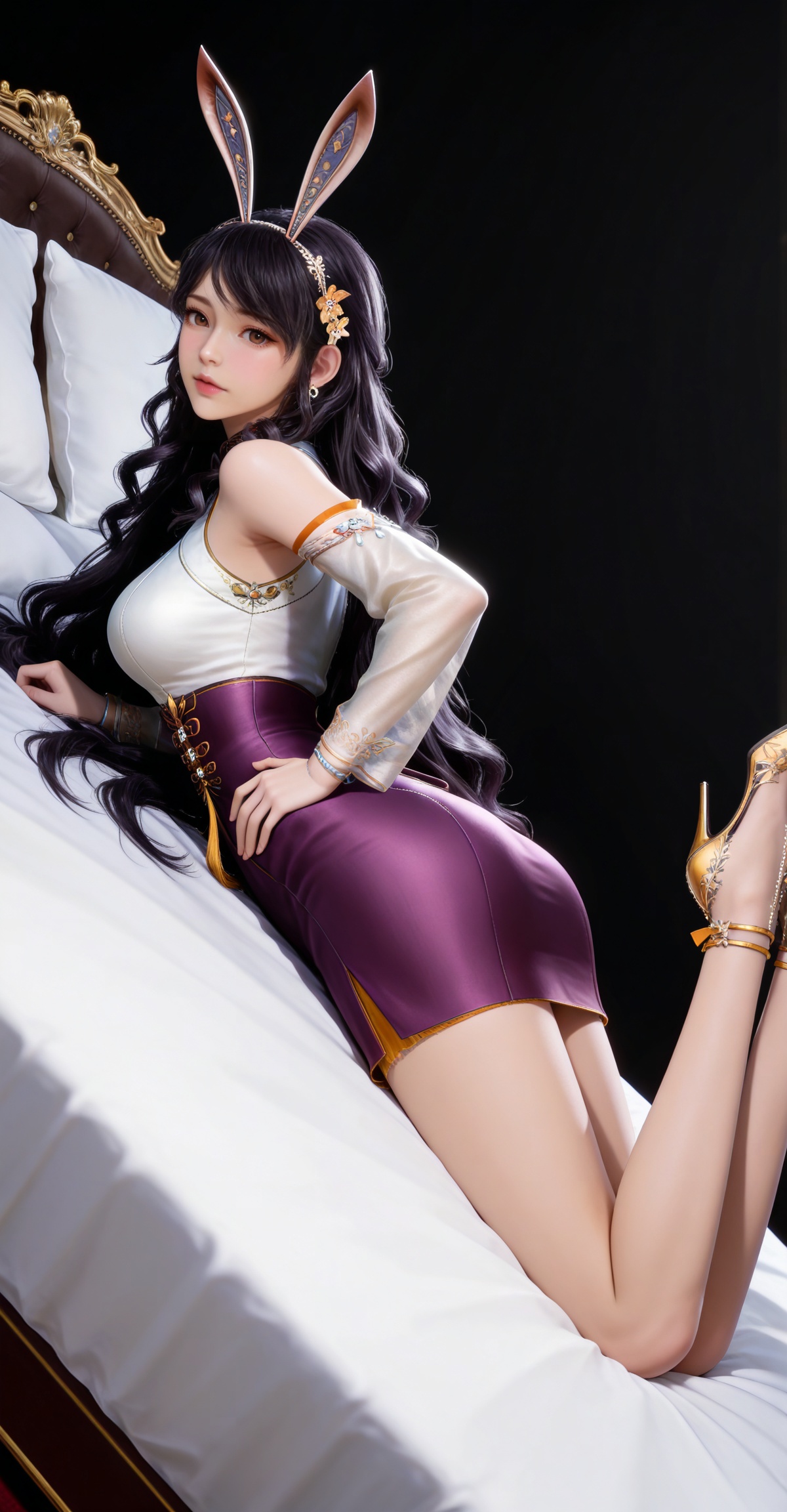 masterpiece,high quality,tall,game cg,highres,(white_skin:0.6),(shiny_skin:0.6),(realistic:1.1),looking_at_viewer,lvjing,black_background,simple background,,black hair,long hair,very long hair,wavy hair,brown eyes,large breasts,hair_ornament,hairband,fake animal ears,rabbit ears,jiangnannan white shirt,detached_sleeves,see-through_sleeves,long_sleeves,jiangnannan purple high waist skirt,bare shoulders,high_heels,jewelry,full body,legs,long legs,hand on hip,bed,dynamic_angle,dutch angle,on_stomach,feet up,


