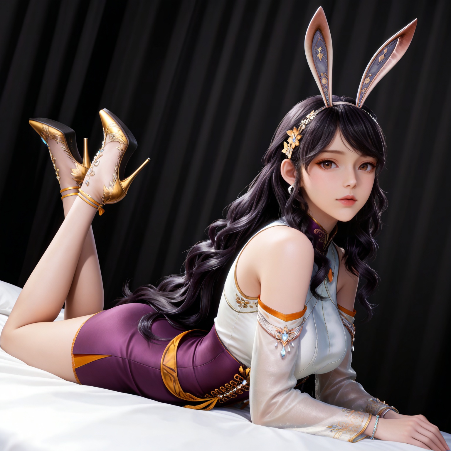 masterpiece,high quality,tall,game cg,highres,(white_skin:0.6),(shiny_skin:0.6),(realistic:1.1),looking_at_viewer,lvjing,black_background,simple background,,black hair,long hair,very long hair,wavy hair,brown eyes,large breasts,hair_ornament,hairband,fake animal ears,rabbit ears,jiangnannan white shirt,detached_sleeves,see-through_sleeves,long_sleeves,jiangnannan purple high waist skirt,bare shoulders,high_heels,jewelry,full body,legs,long legs,hand on hip,bed,dynamic_angle,dutch angle,on_stomach,feet up,


