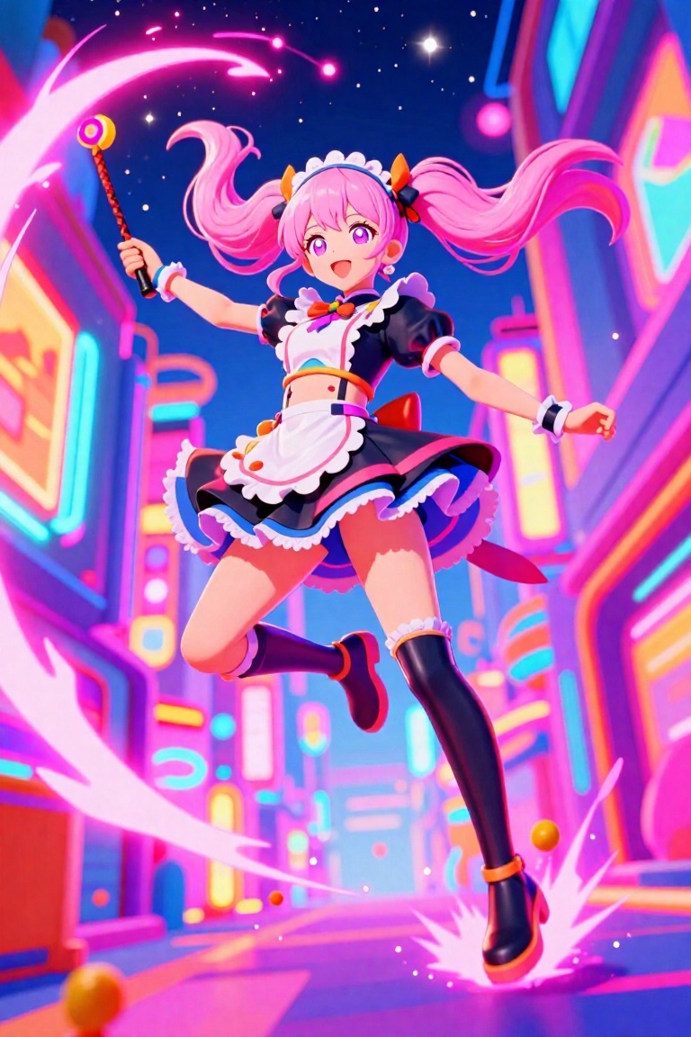 dynamic low-angle action shot,  anime-style young girl with pastel pink hair styled in wild twin tails,  glowing violet ey...