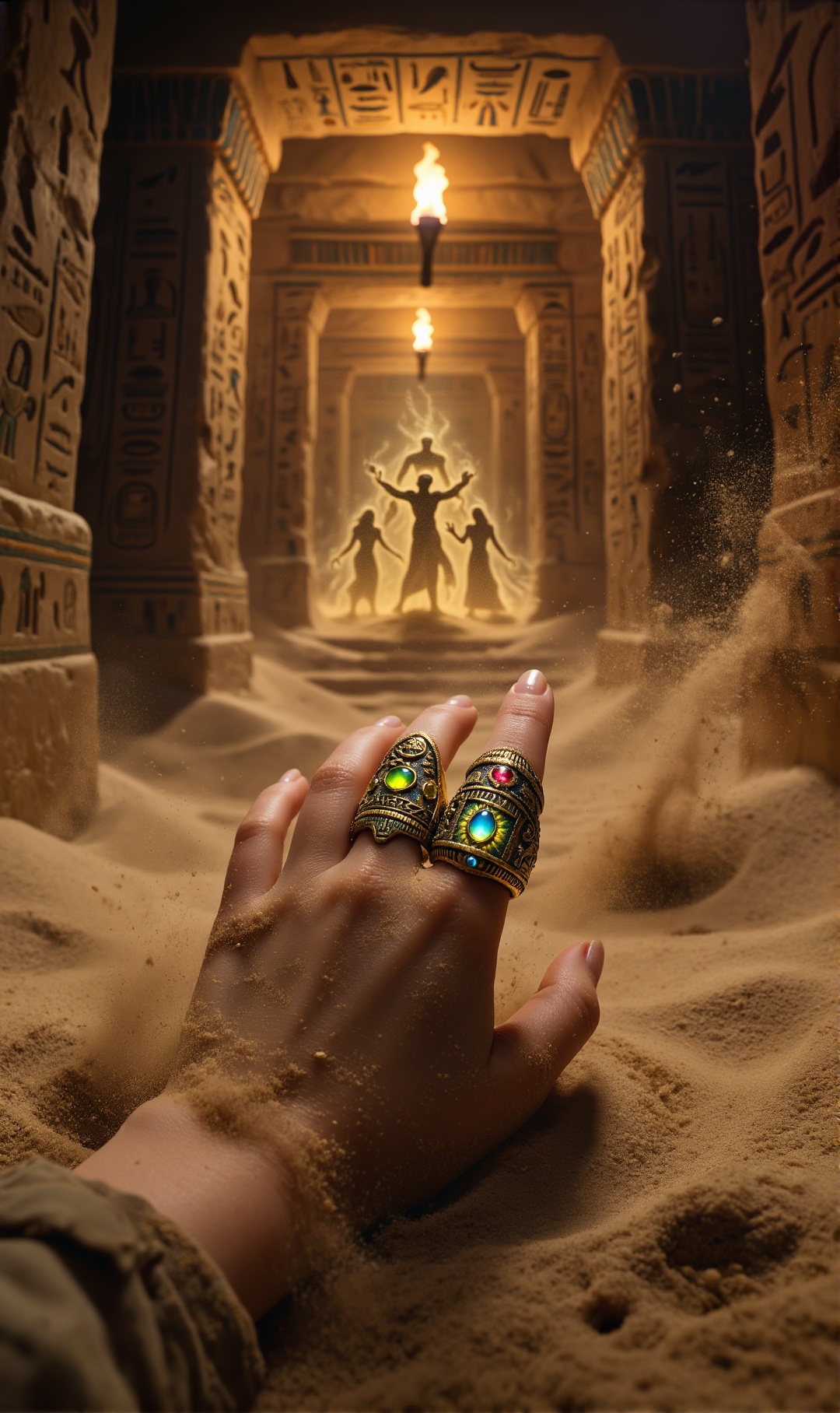 Photorealistic z-depth scene inside a buried desert tomb,  an explorer slipping a ornate finger ring of ancient kings onto...