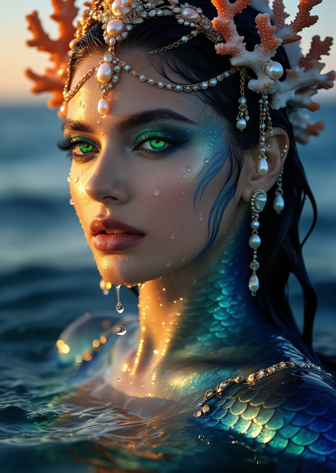 photorealistic portrait of an ocean siren emerging from water,  wet shimmering skin with subtle blue scales,  glowing sea...