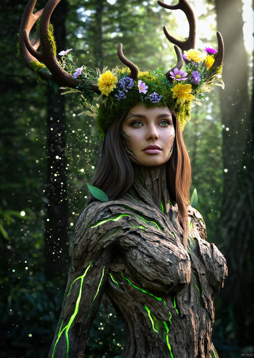 photorealistic close up shot of a forest guardian spirit woman with bark-like skin textures,  glowing green veins across h...