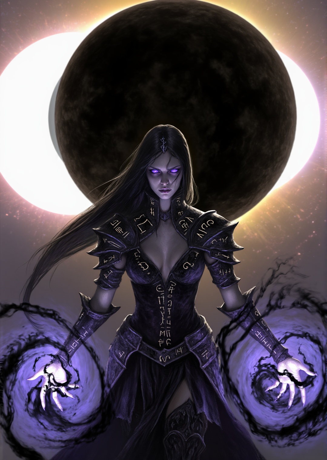 dark sorceress standing under a massive black solar eclipse,  swirling shadow magic forming around her hands,  glowing vio...