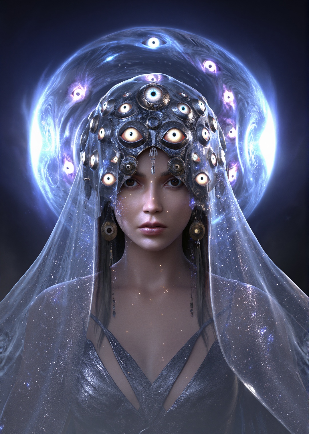 mystical oracle with multiple glowing eyes appearing around her head,  translucent cosmic veil,  swirling dimensional ener...