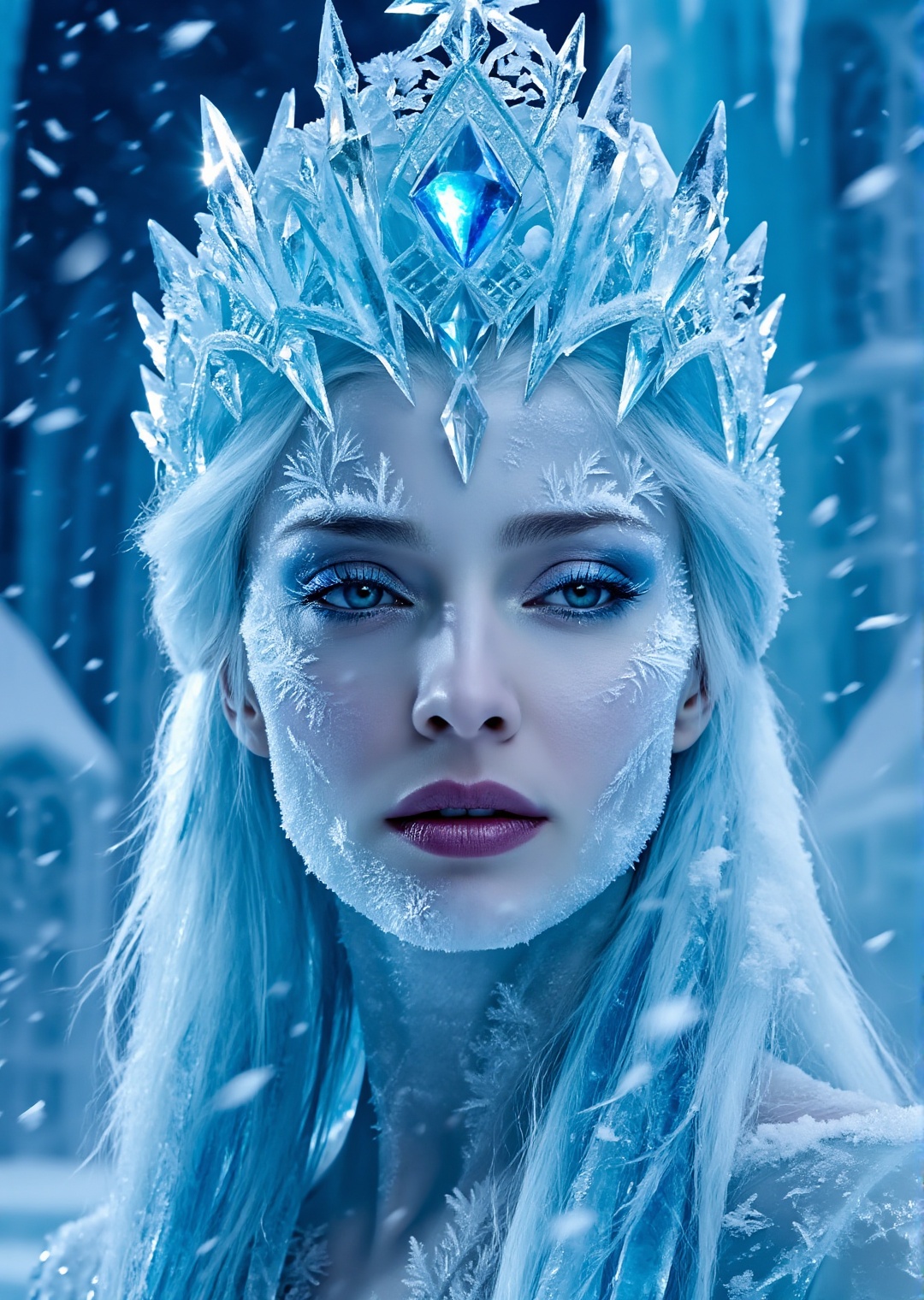 photorealistic close up shot of a ice queen standing in a frozen palace,  crystal crown made of pure ice,  frost patterns...