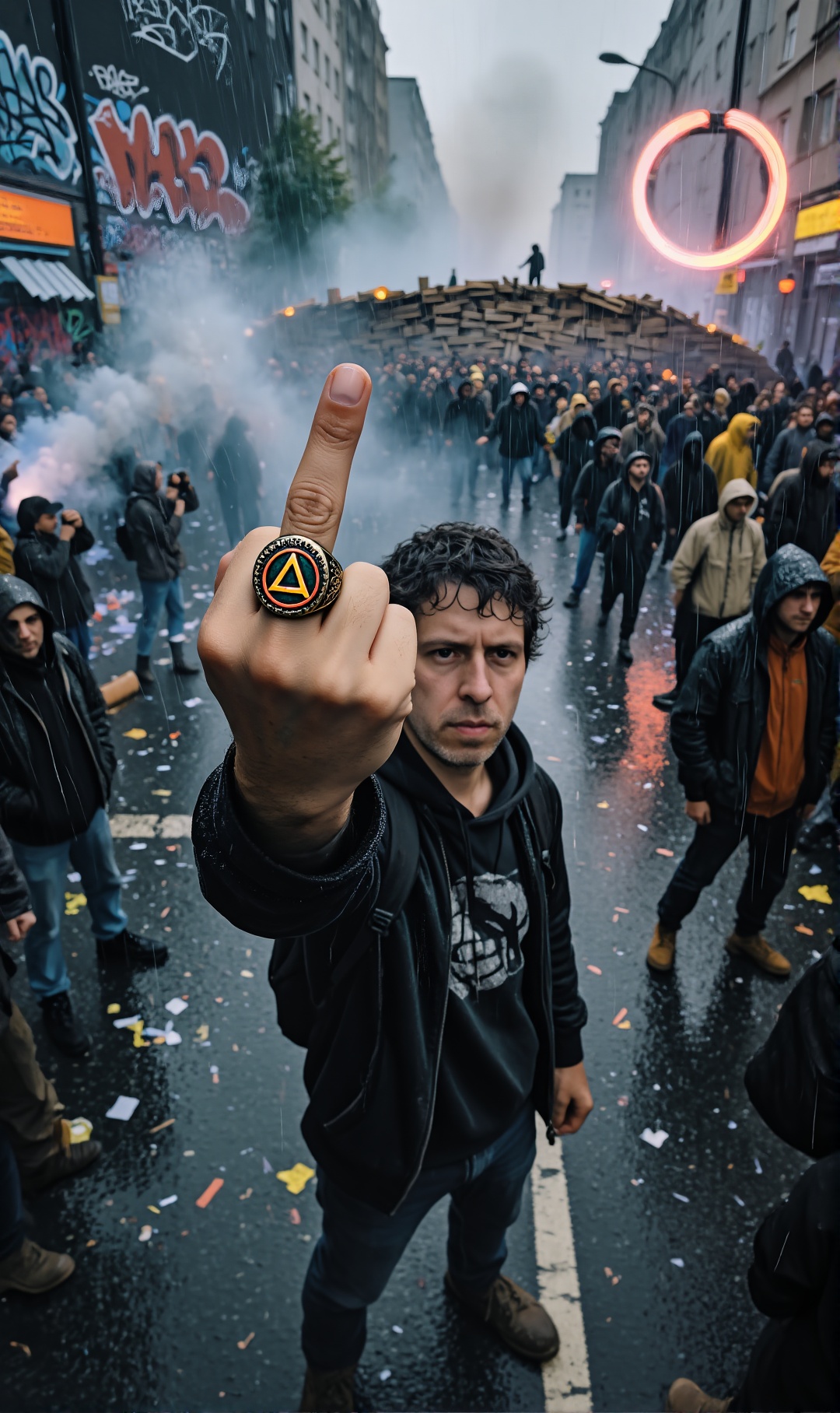 Photorealistic z-depth scene in dystopian rain-slicked streets,  a rebel leader raising a finger ring emblazoned with a re...
