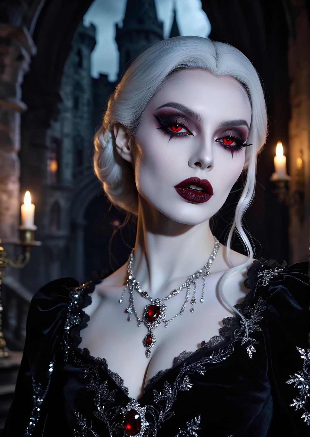 photorealistic close up shot of a vampire countess in gothic castle,  pale porcelain skin,  glowing crimson eyes on Tensor...